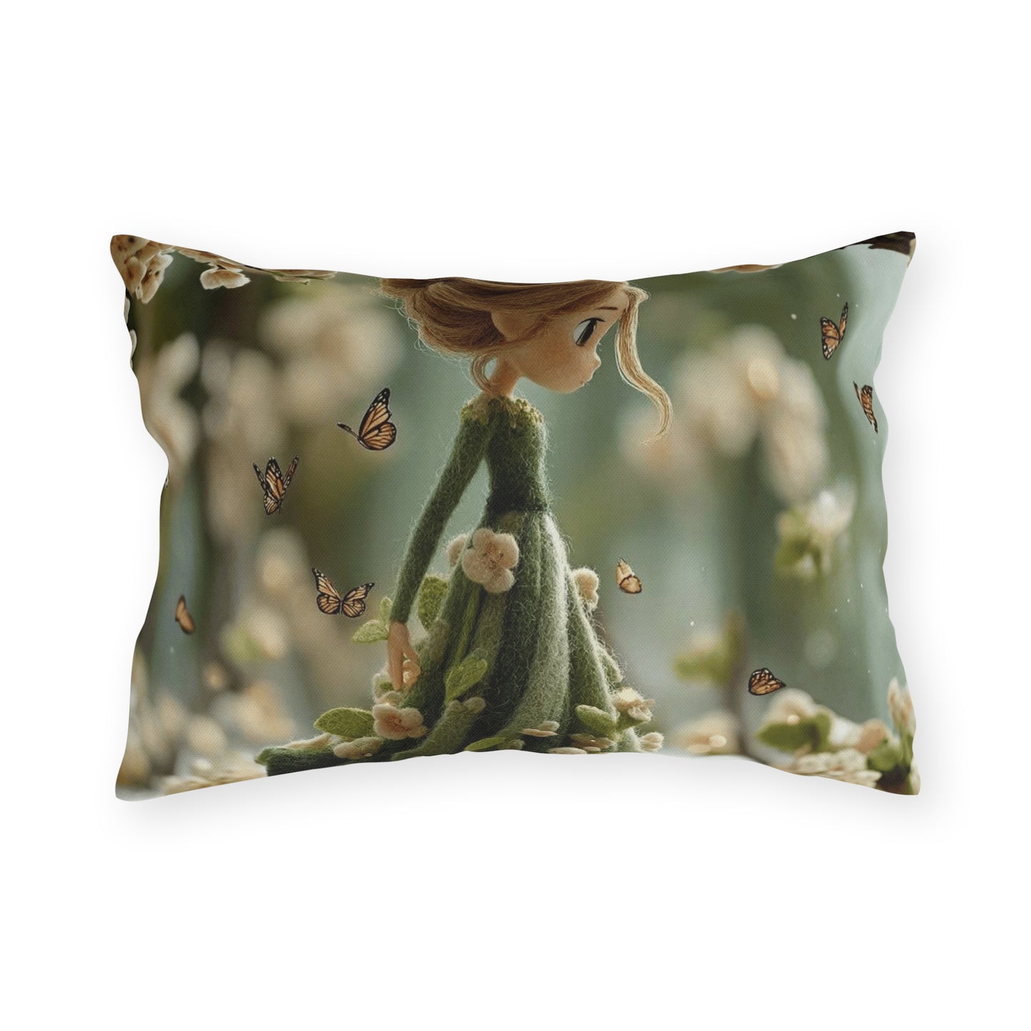 Spring Fairy Outdoor Pillow — Whimsical Girl with Butterflies Garden Decor
