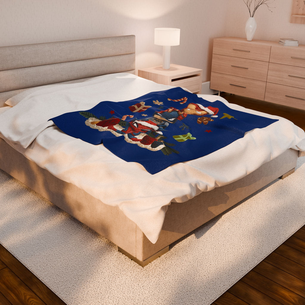 Plush Holiday Marvel Blanket — Cute Iron Man, Captain America & Spider-Man Stack with Christmas Gifts