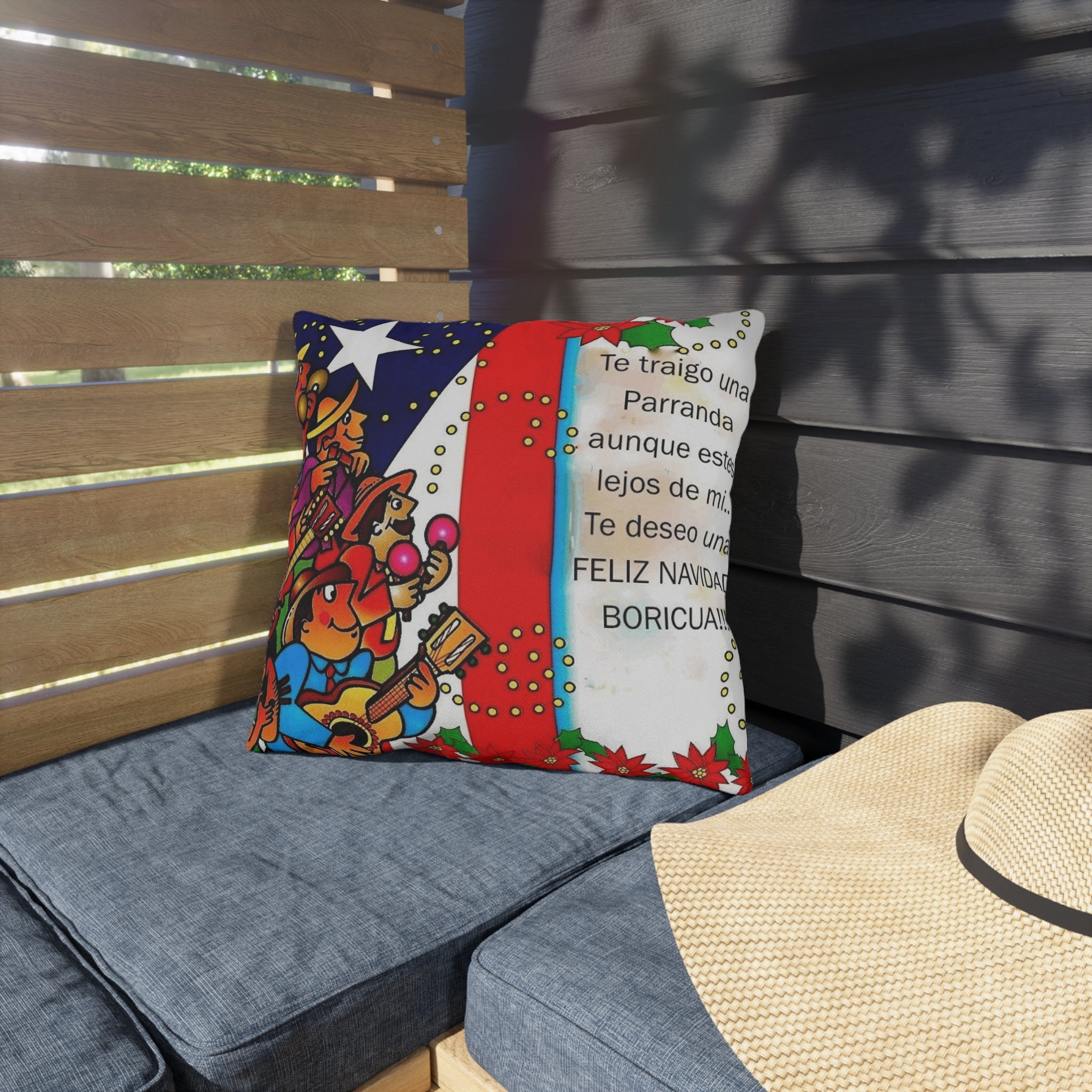 Puerto Rican Christmas Outdoor Pillow — "Te traigo una Parranda" Festive Boricua Holiday Decor