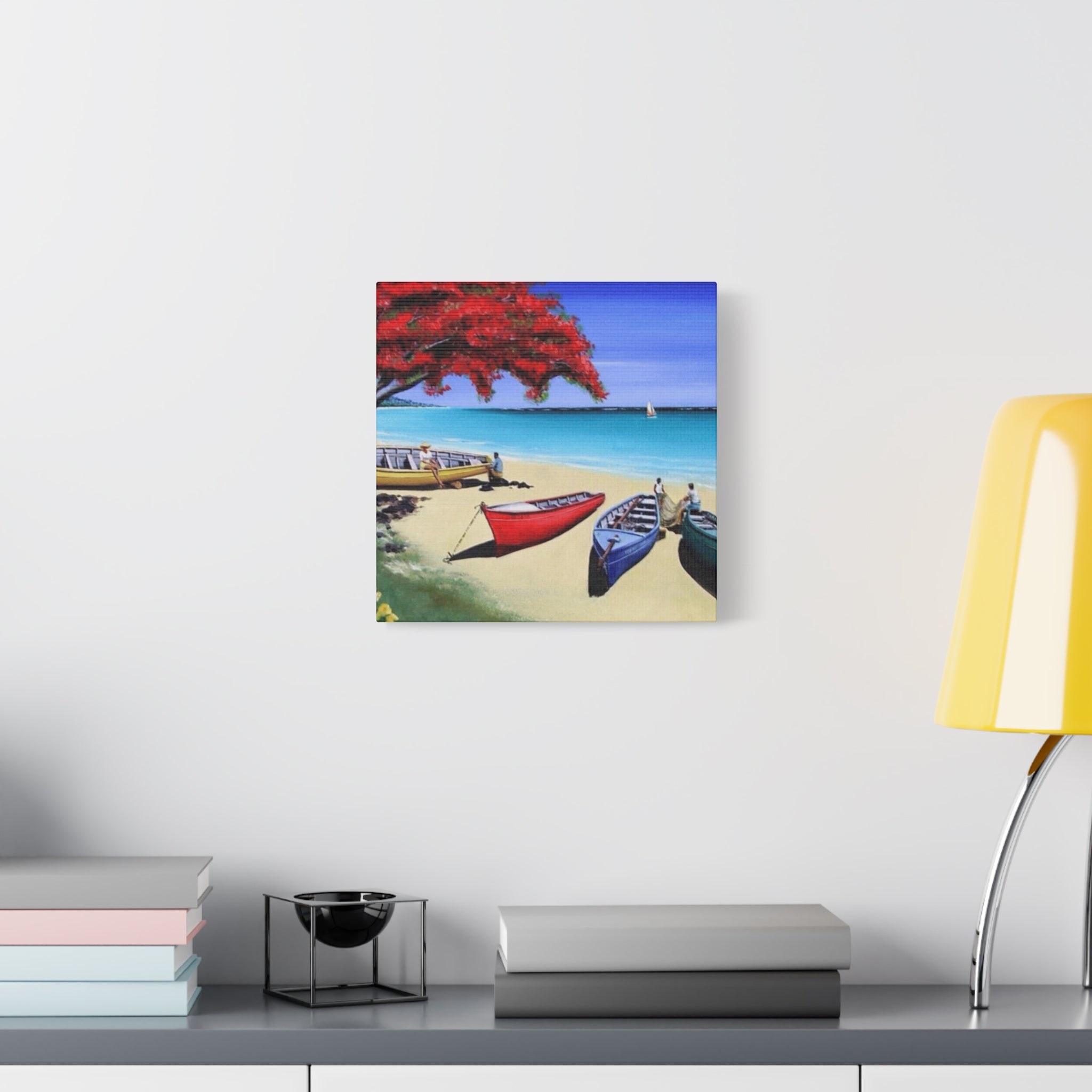 Beach Canoes Canvas Wall Art Tropical Seaside Landscape Matte Stretched Canvas