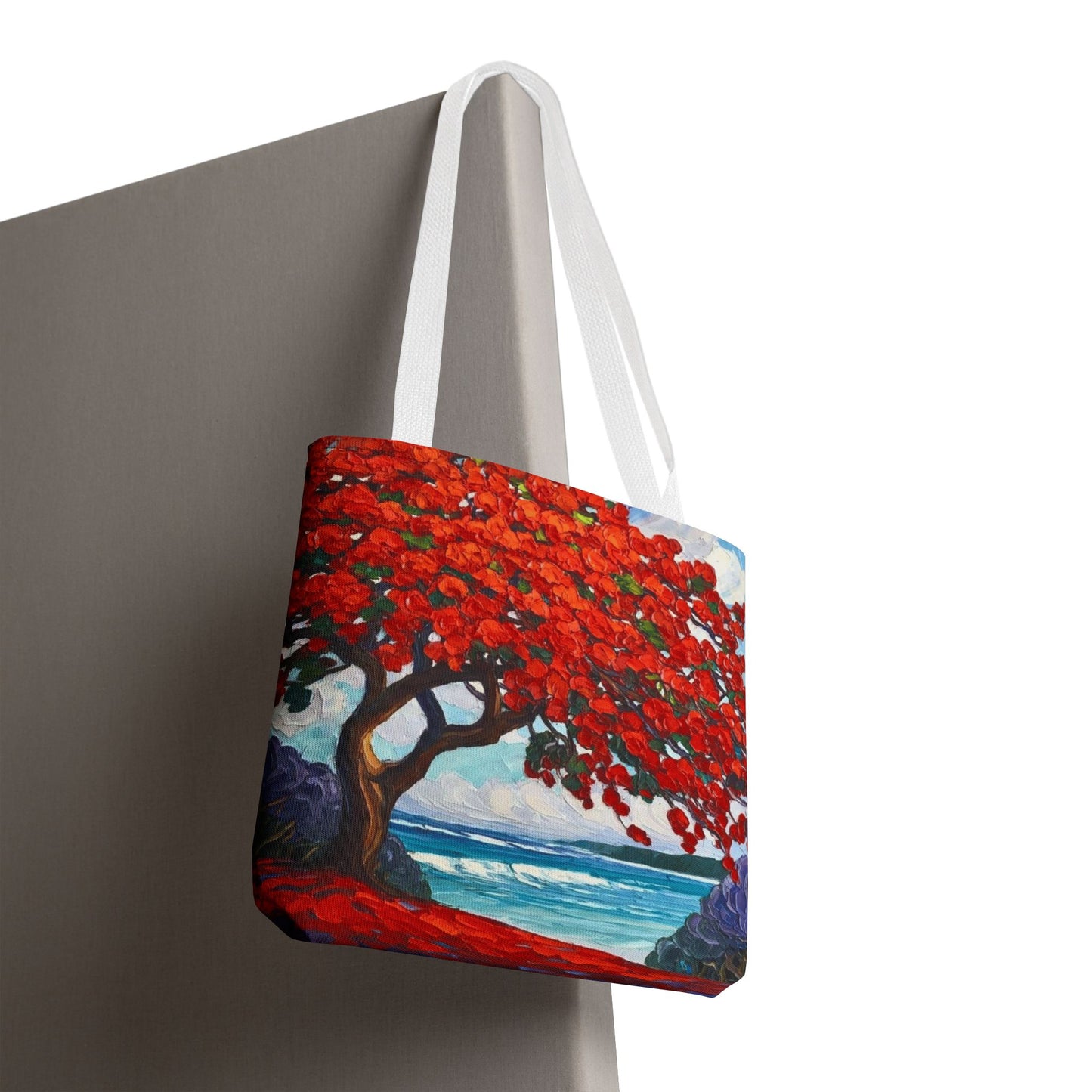 Red Blossom Beach Tote - Tropical Tree Art All-Over Print Tote Bag Crochet-Decorated Tote Bags