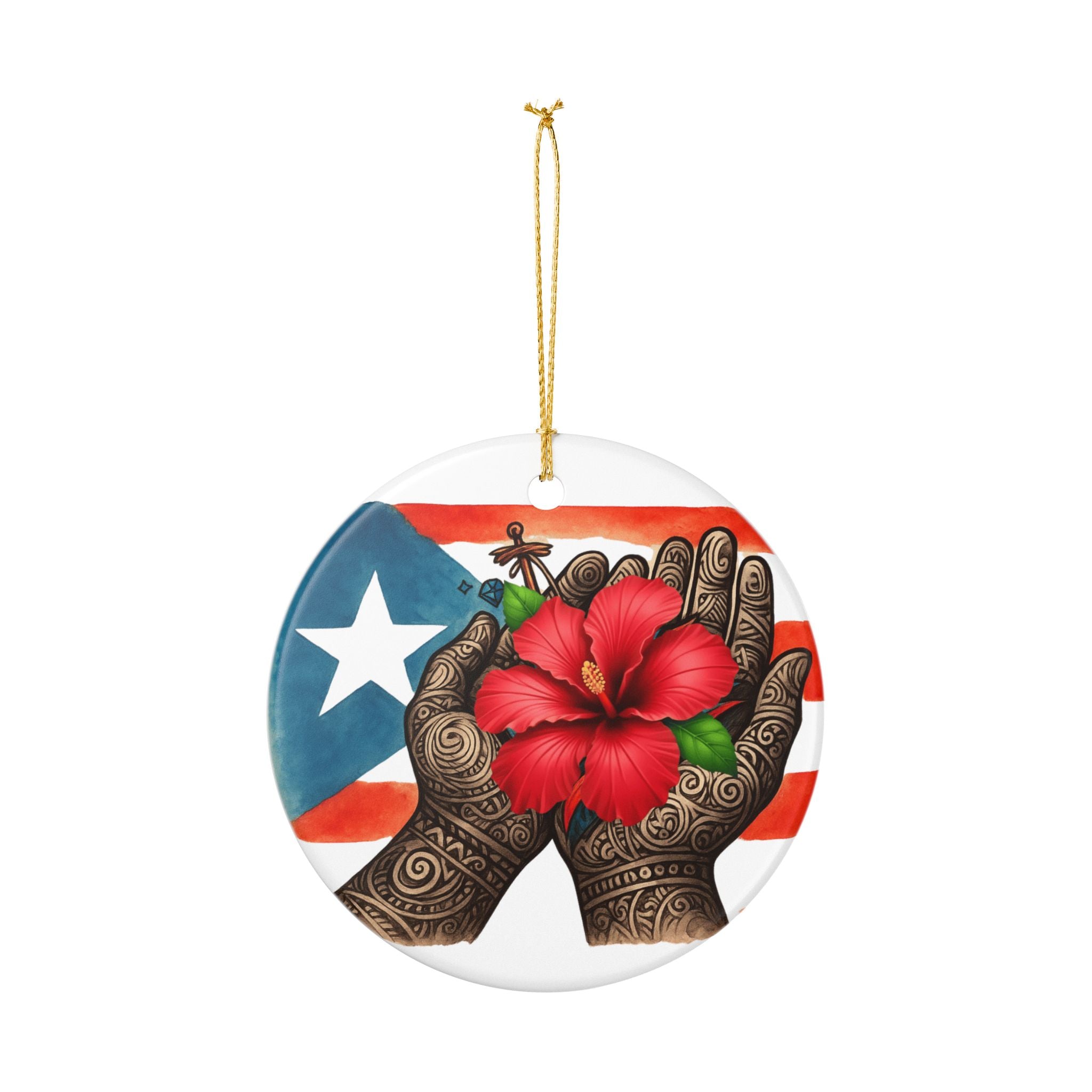 Puerto Rican Hibiscus & Coquí Hands (Round Decorative Hanging)