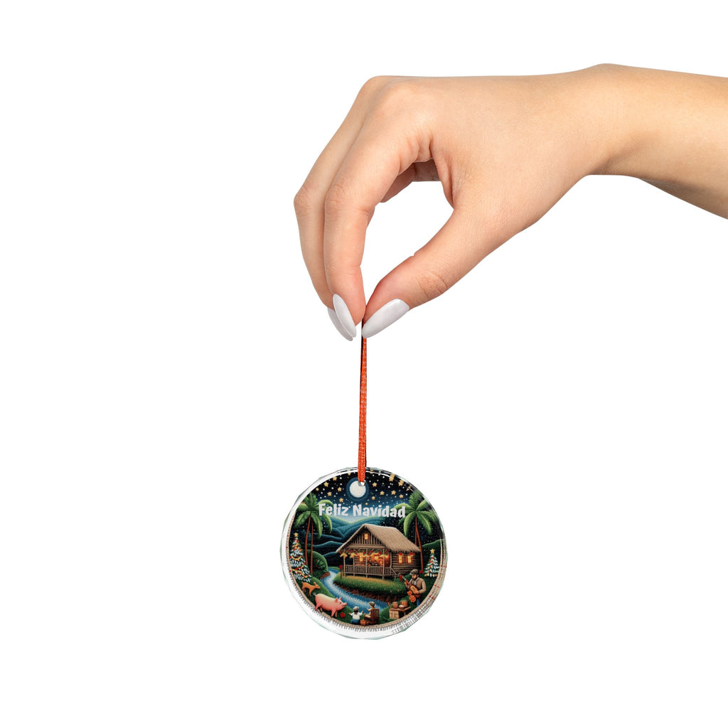 Feliz Navidad Tropical Cabin Crystal Ornament Handcrafted Glass Ball | Puerto Rican Christmas Decor