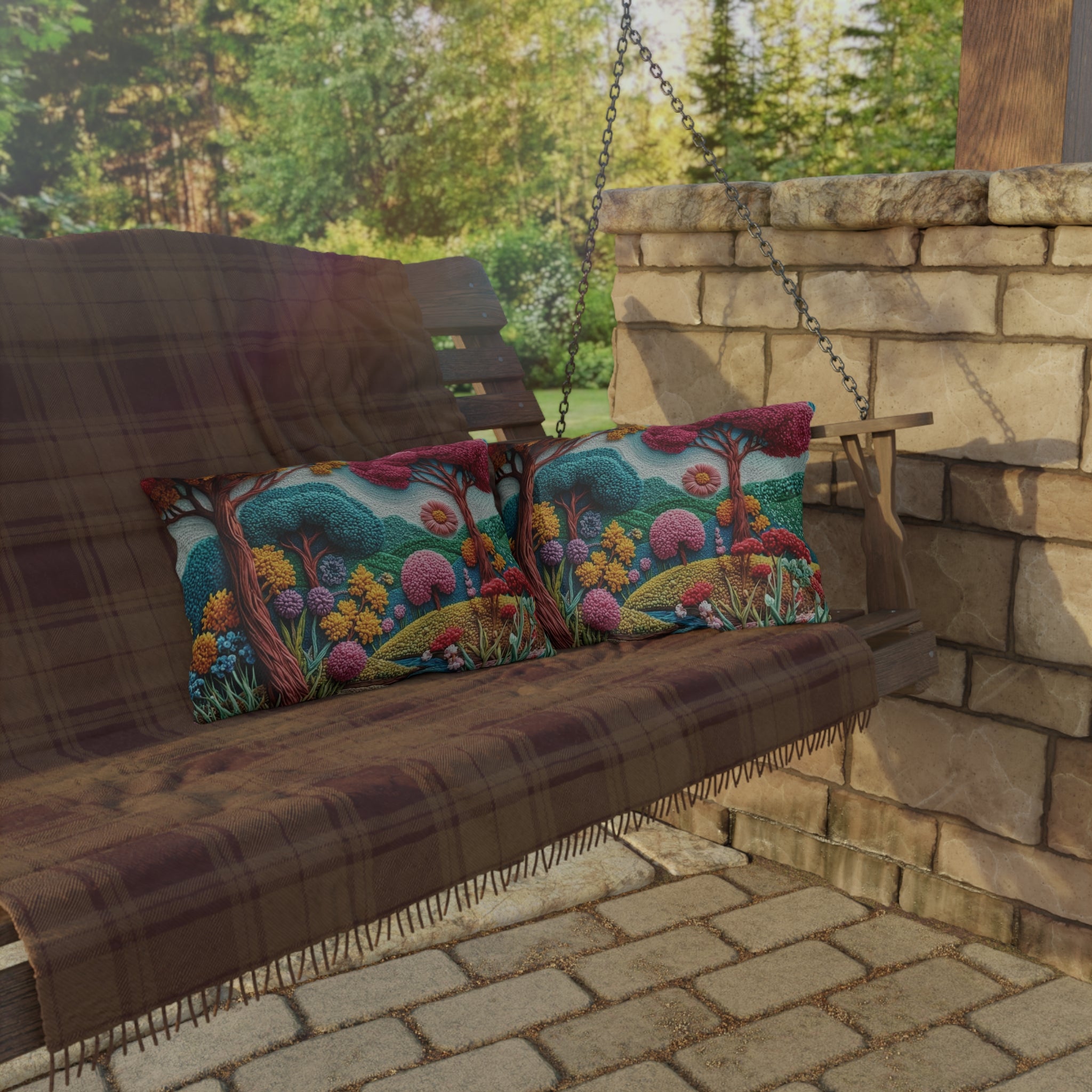 Outdoor Pillow — Colorful Whimsical Garden Landscape Throw Pillow