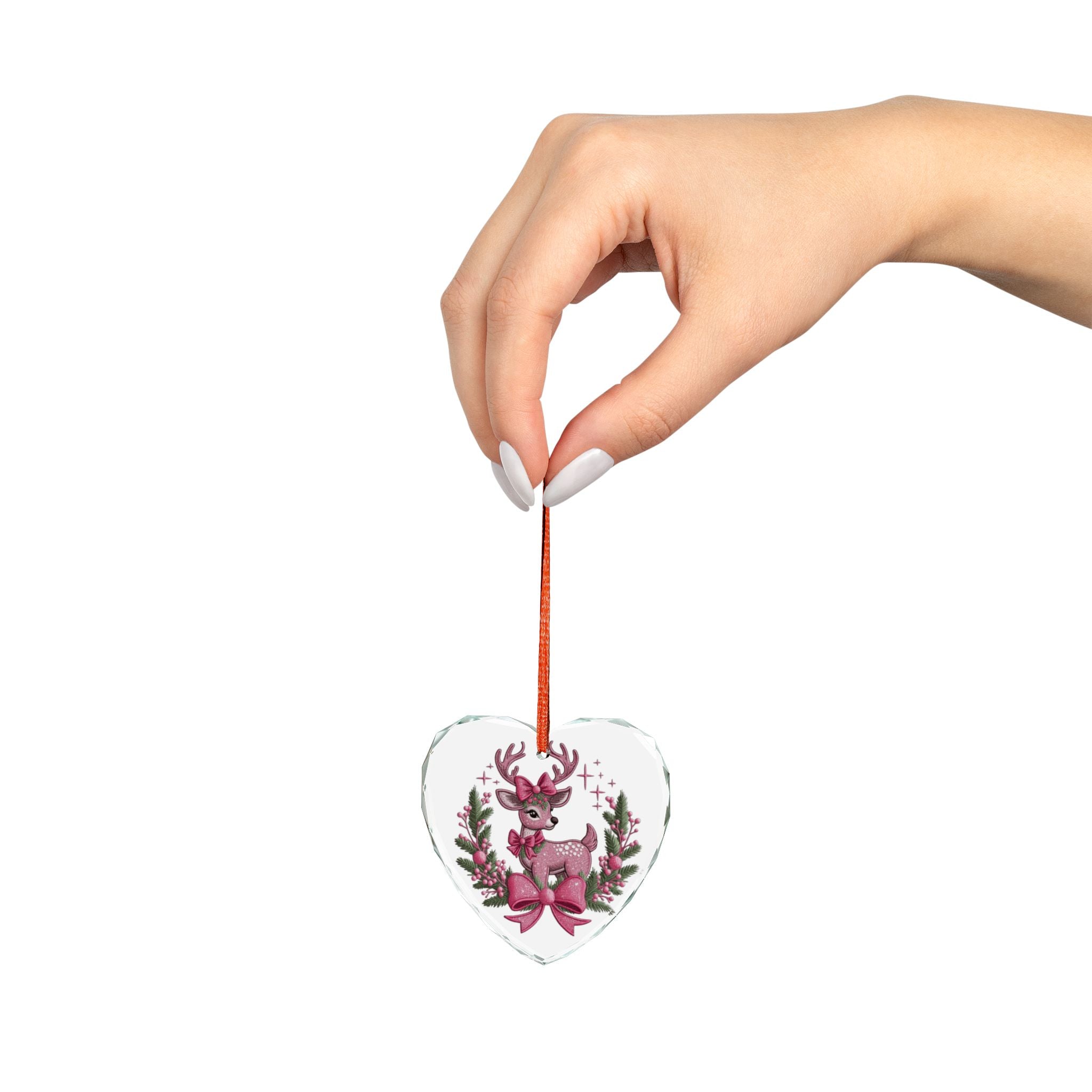 Crystal Heart Ornament — Pink Reindeer with Bows Christmas Decoration