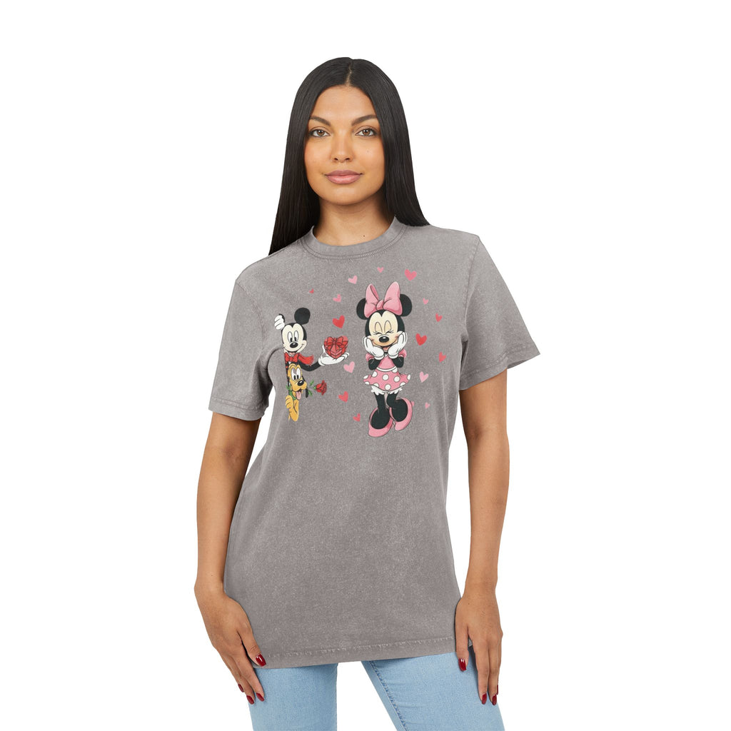 Vintage Acid-Wash Tee — Cute Cartoon Couple with Hearts