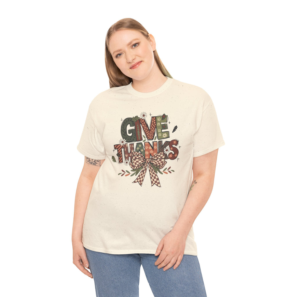 Give Thanks Tee Thanksgiving Graphic T-Shirt with Rustic Bow Design