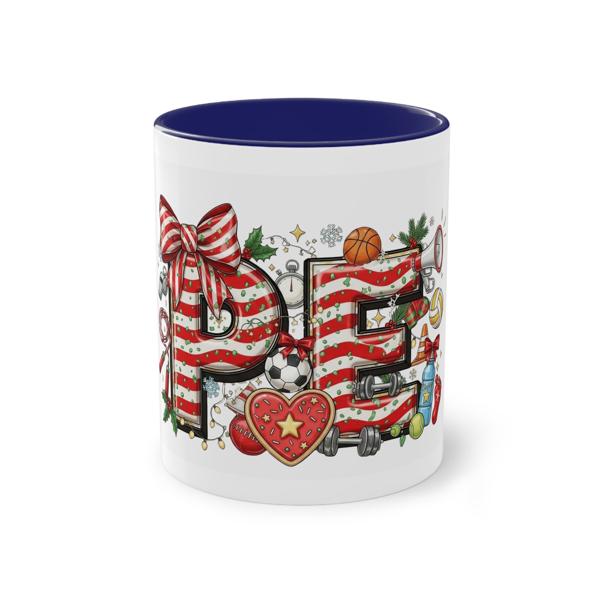 Holiday Sports Mom Coffee Mug Festive 'PE' Candy-Stripe Design, 11oz Two-Tone School Staff Christmas Mug Collection,