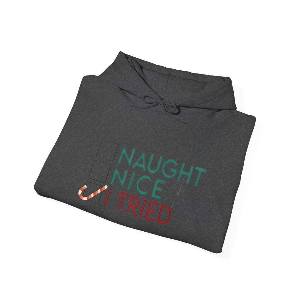 Holiday Hoodie — "Naughty, Nice, I Tried" Funny Christmas Sweatshirt