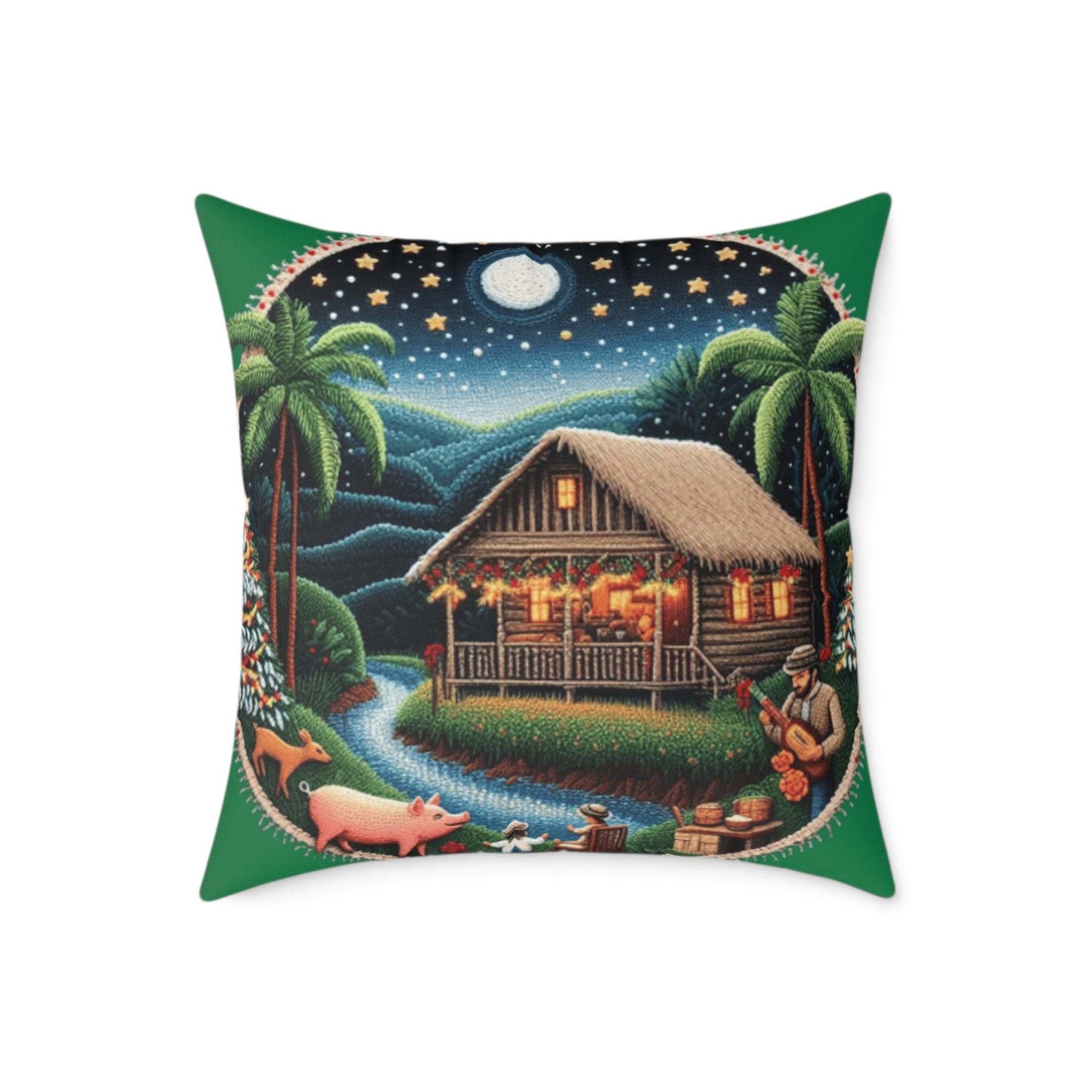 Island Night Cottage Pillow  Tropical Moonlit Cabin Throw Pillow Puerto Rico Culture Pillow