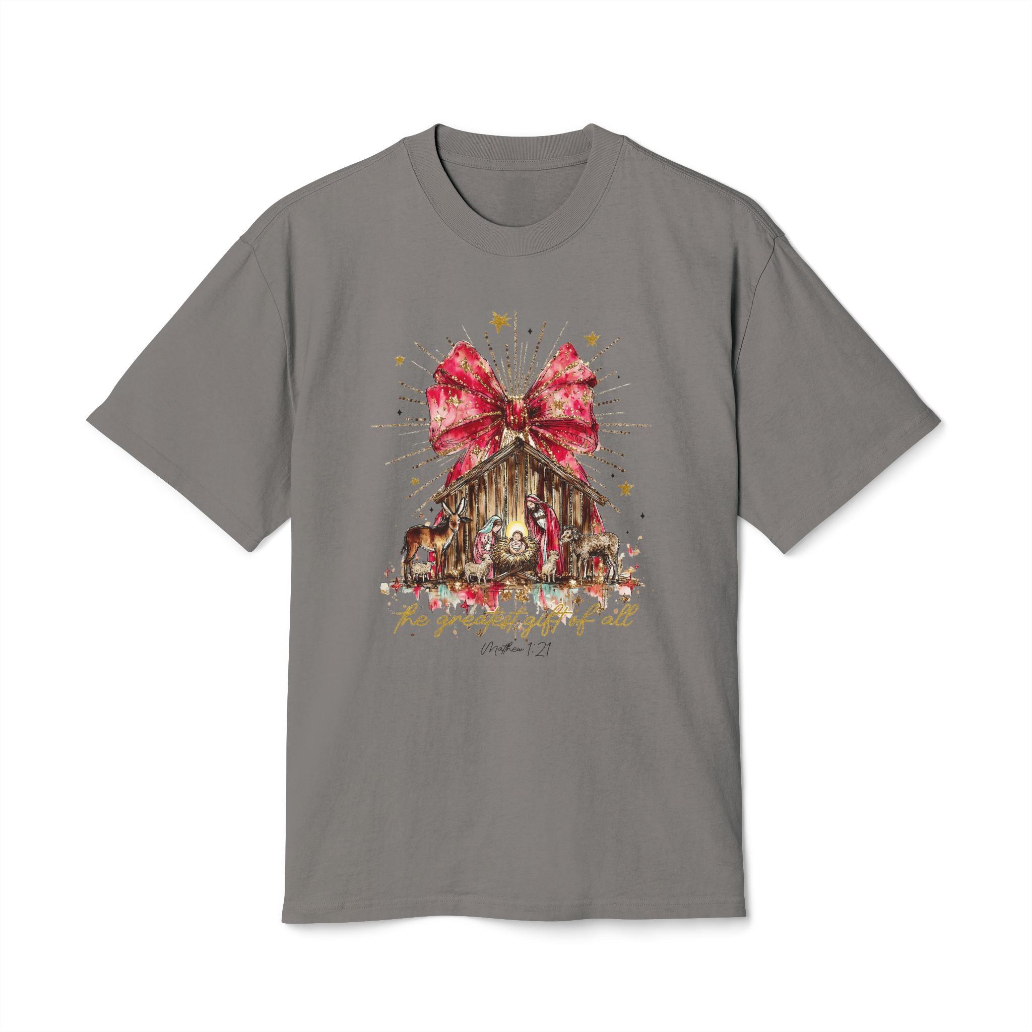 Christmas Nativity Tee  Rustic Manger with Red Bow Holiday T‑Shirt Christmas T-shirts and sweaters