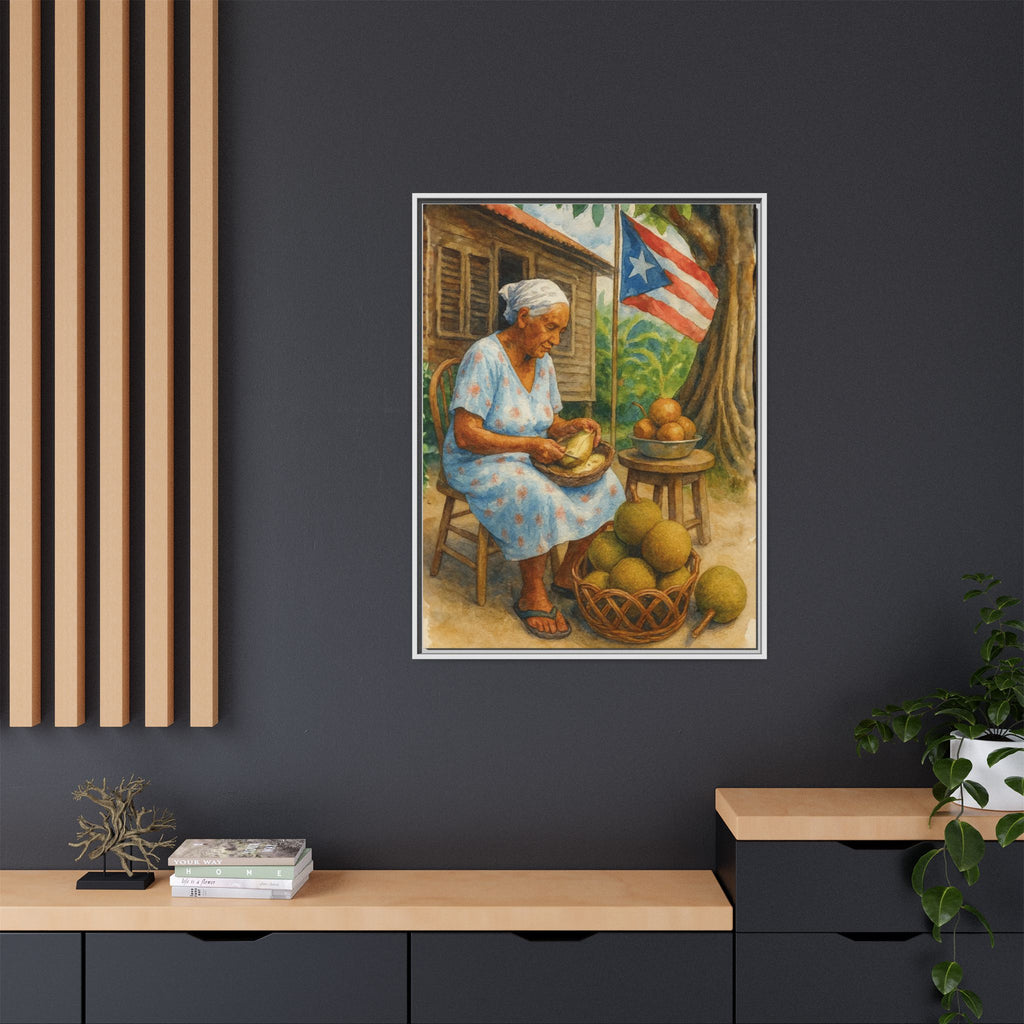Cultural & Story-Driven These Puerto Rico inspired  Framed Matte Canvas Print  Woman Shelling Fruit Vintage Tropical Painting