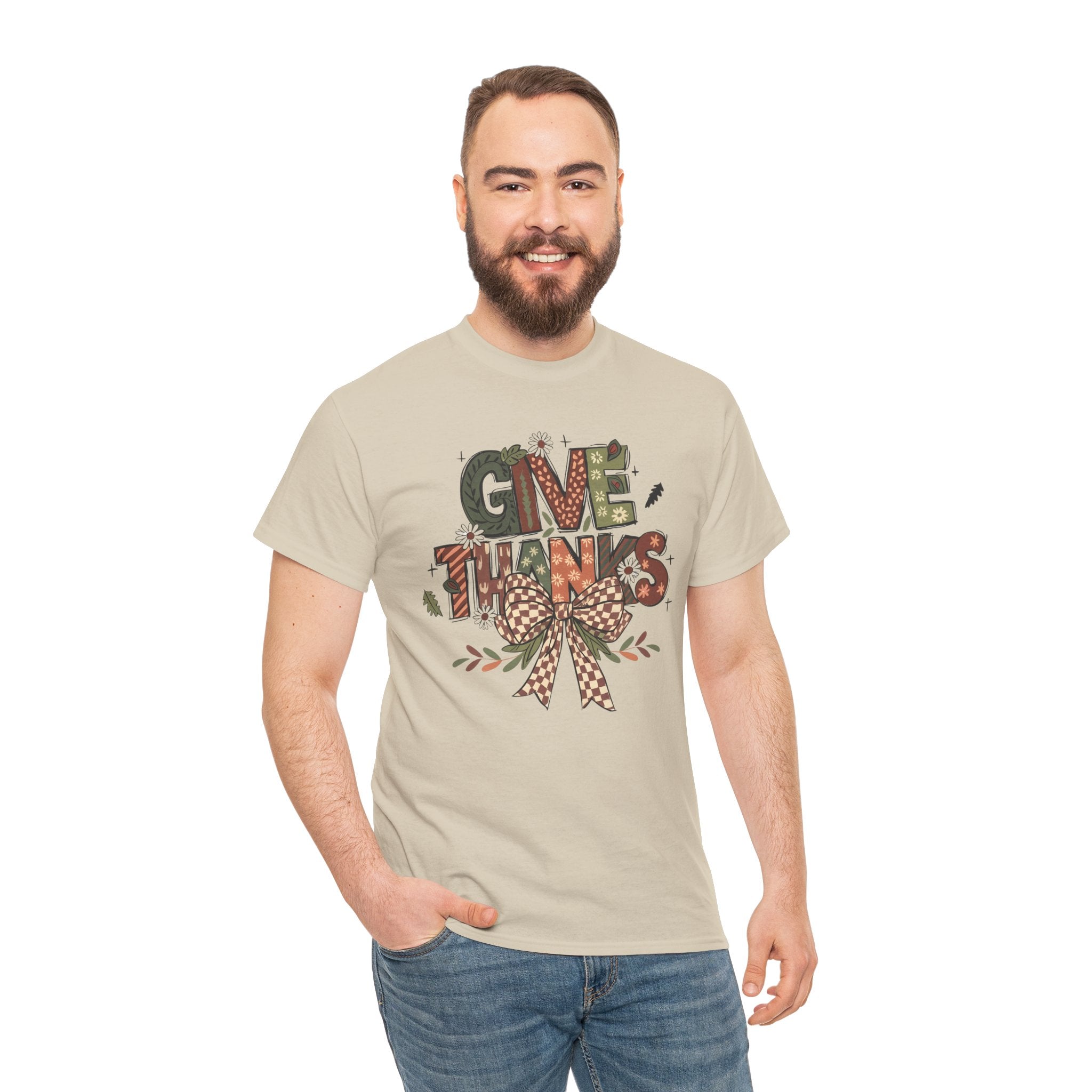 Give Thanks Tee Thanksgiving Graphic T-Shirt with Rustic Bow Design