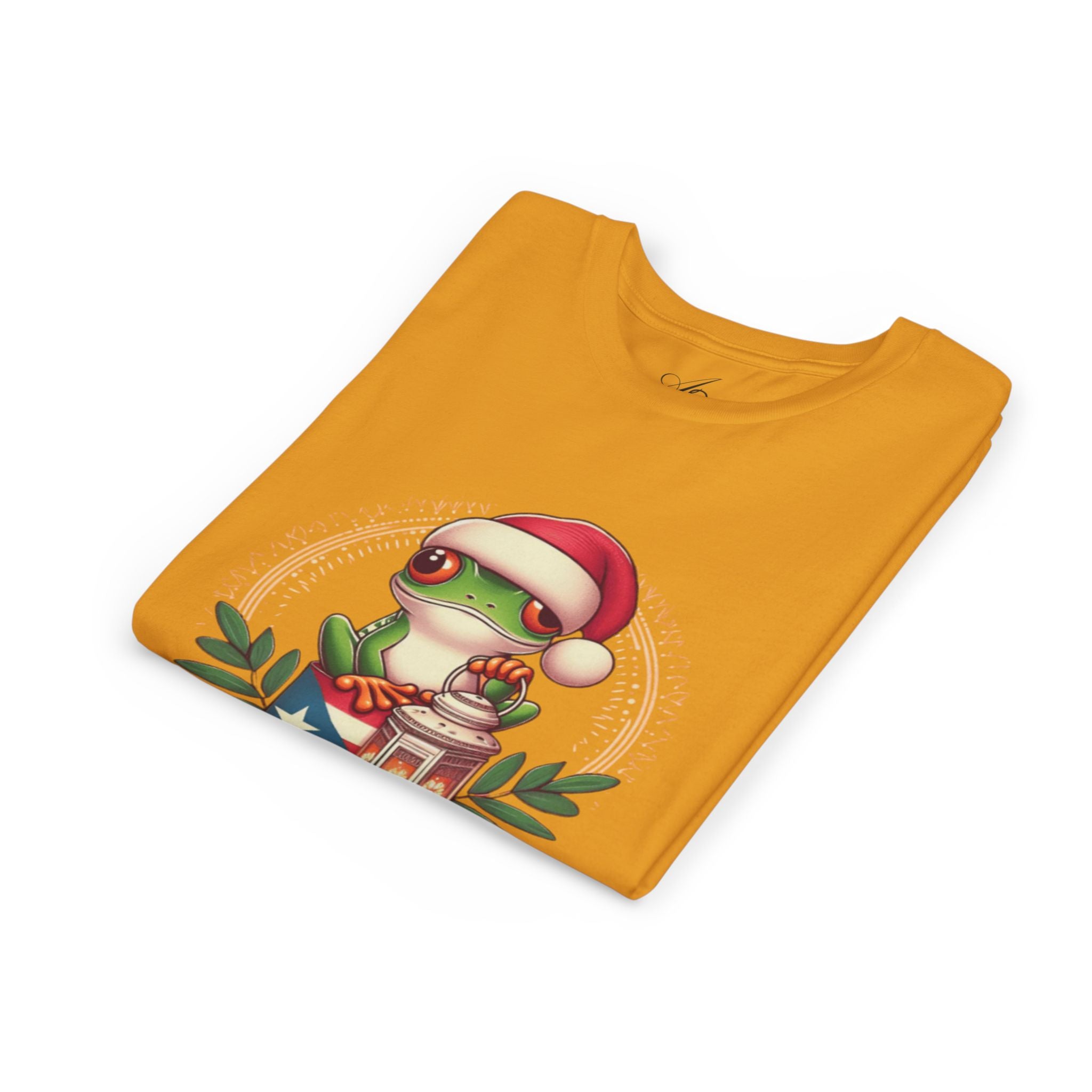 Kids Tee Cute Frog with Puerto Rican Flag & Lantern (Feliz Navidad)