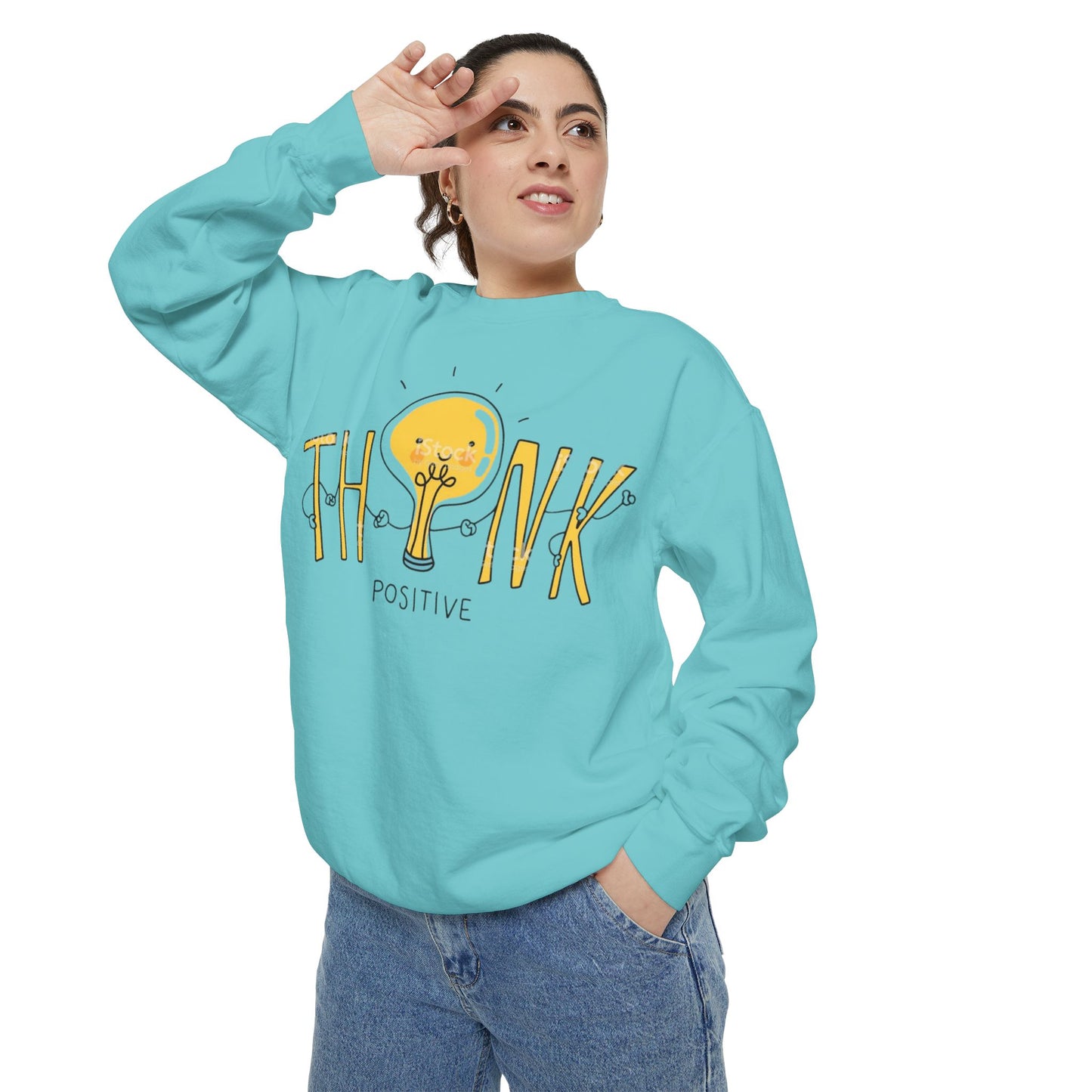 Think Positive Sweatshirt  Cute Lightbulb Graphic Positive Vibes Crewneck