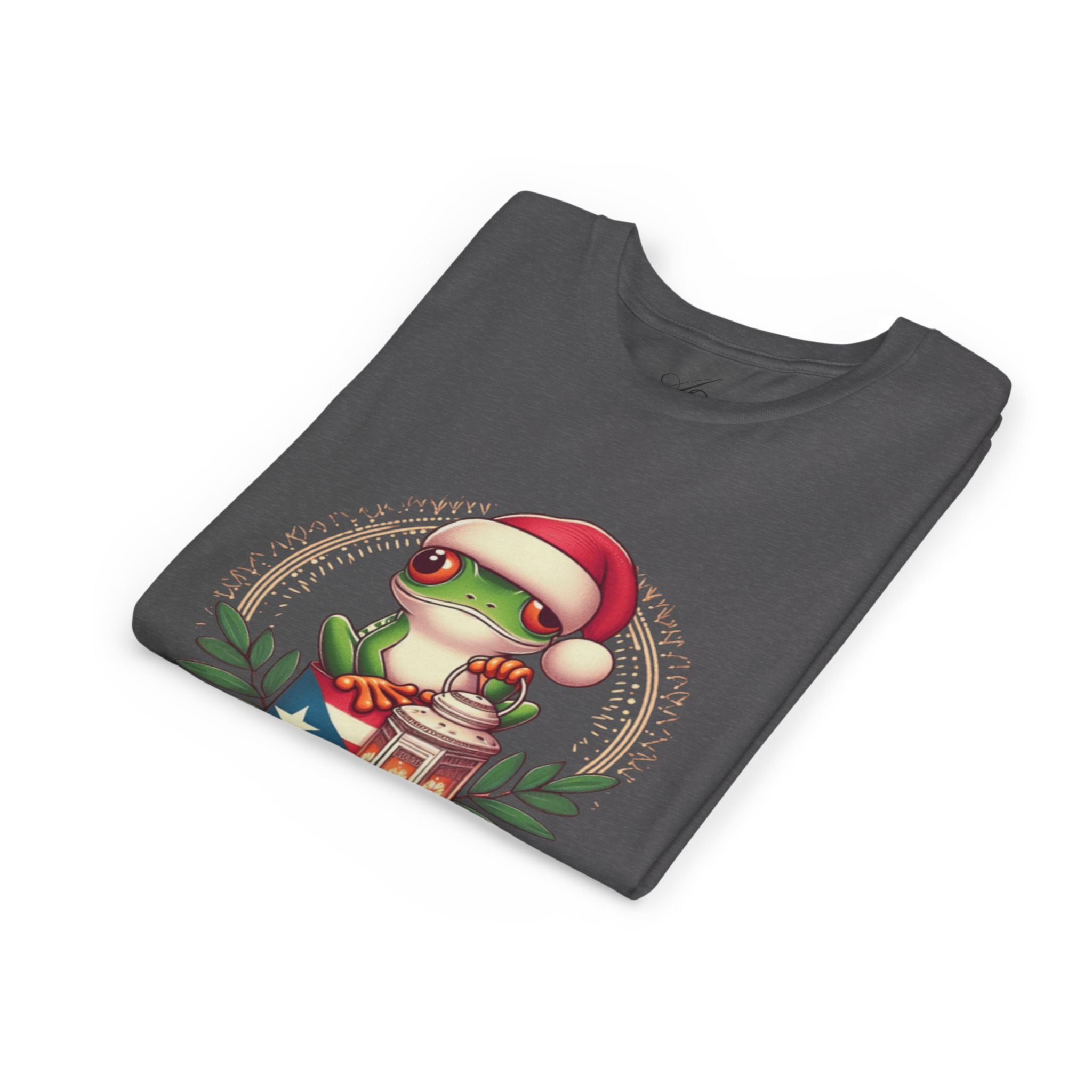 Kids Tee Cute Frog with Puerto Rican Flag & Lantern (Feliz Navidad)