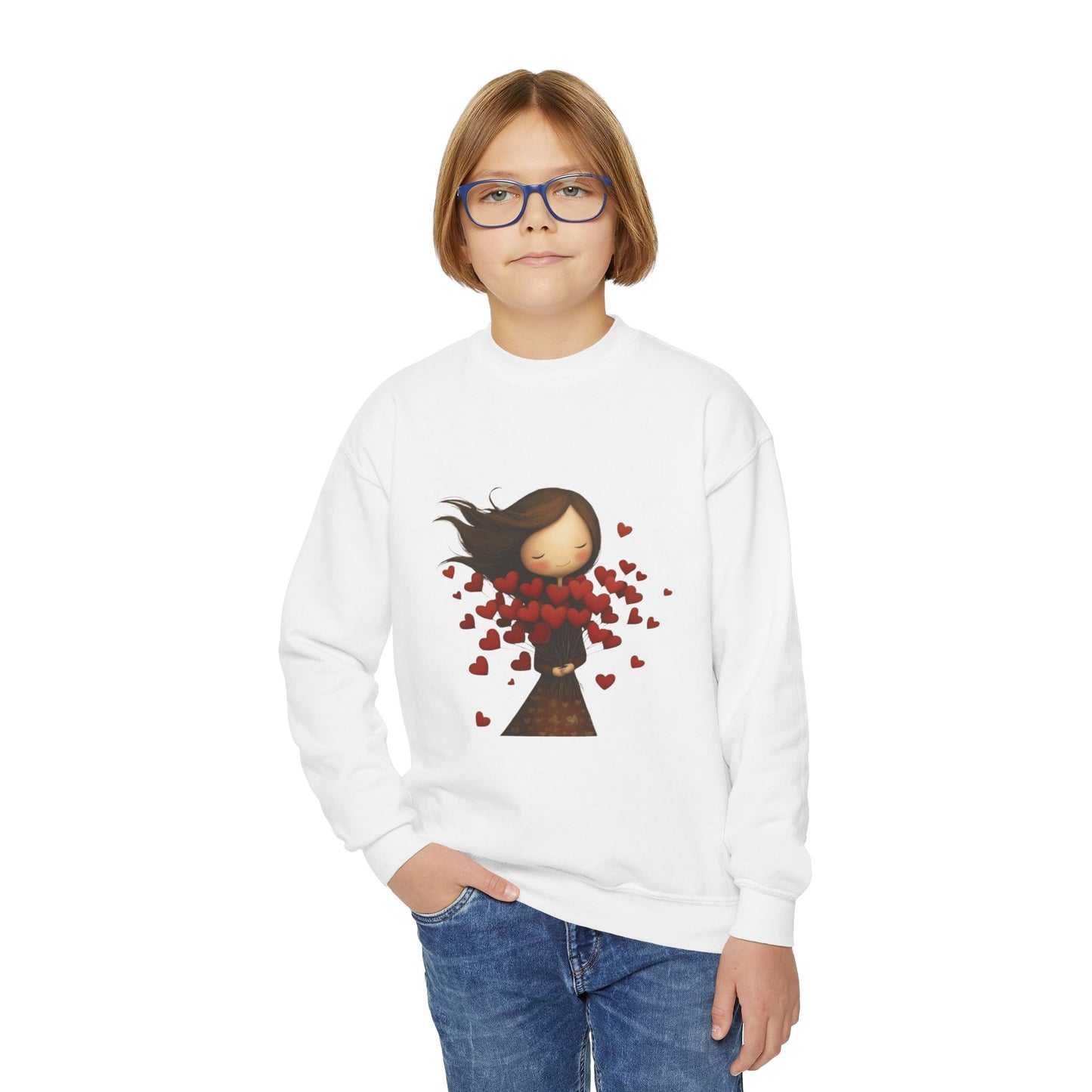 Youth Sweatshirt  Cute Girl with Heart Shower "Love Bug" Crewneck