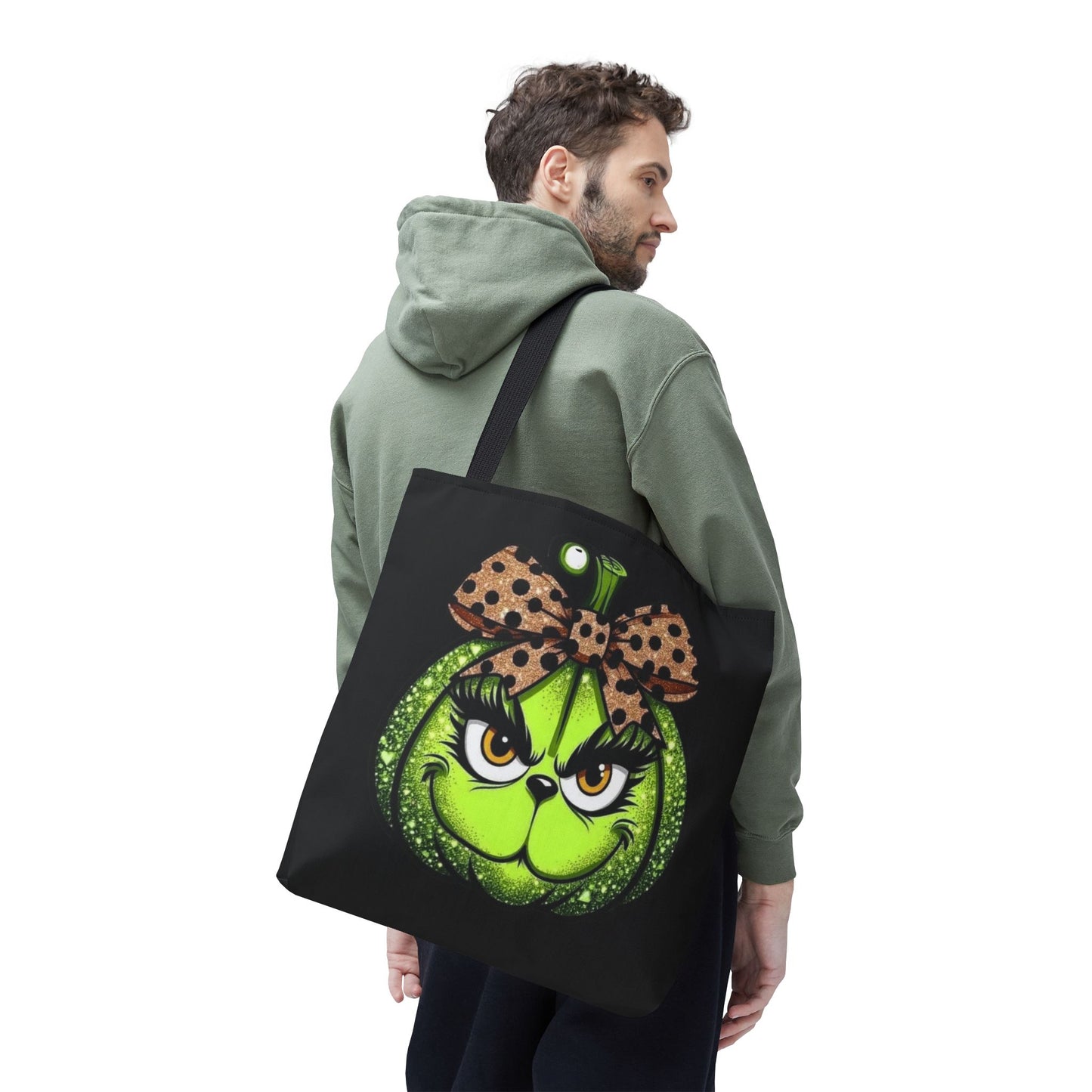 Grinch-Inspired Tote Bag with Polka Dot Bow Christmas Tote Bag Festive Holiday Design