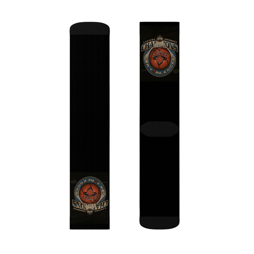 NY*K Basketball Black Sublimation Crew Socks with Vintage Motorcycle Badge Design