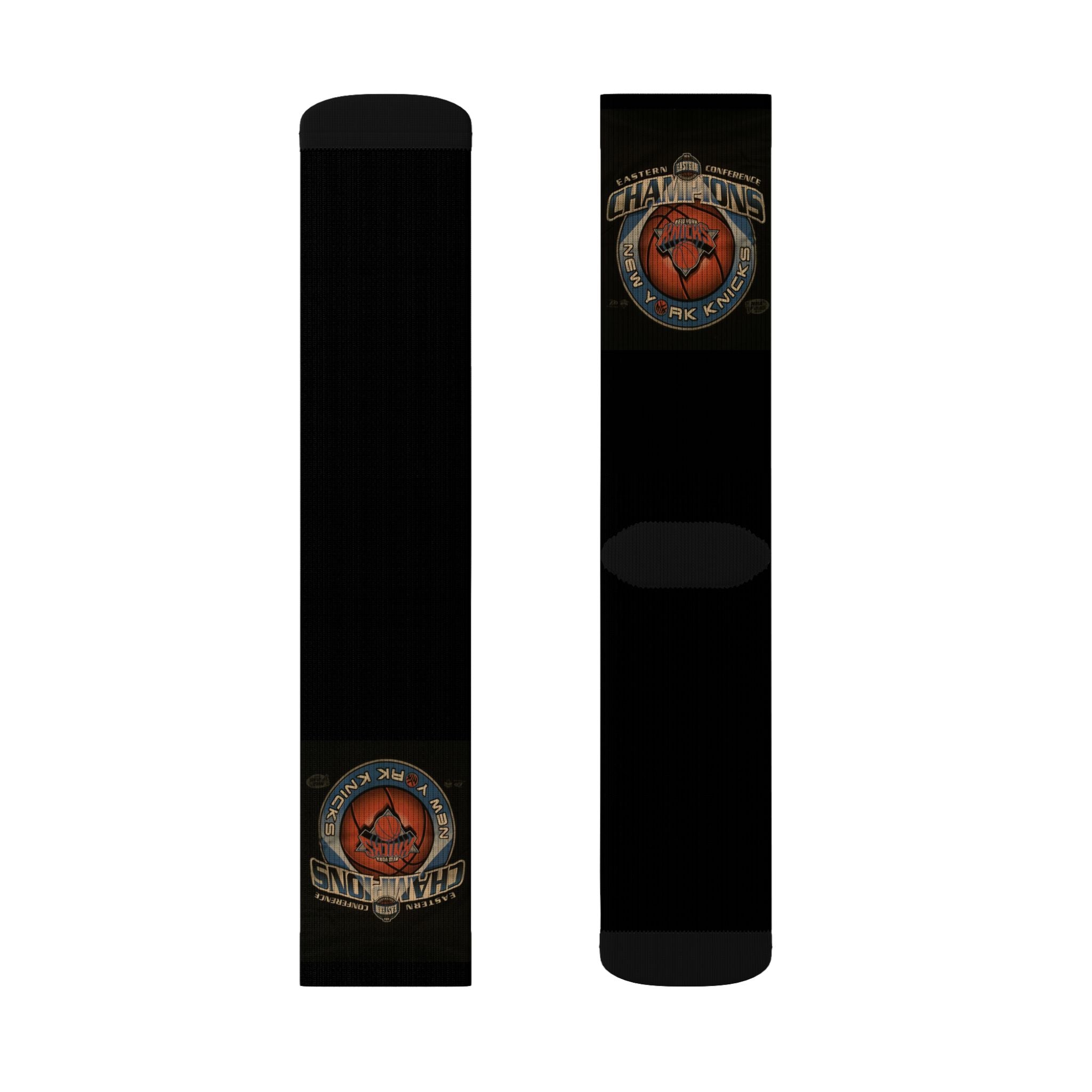 NY*K Basketball Black Sublimation Crew Socks with Vintage Motorcycle Badge Design