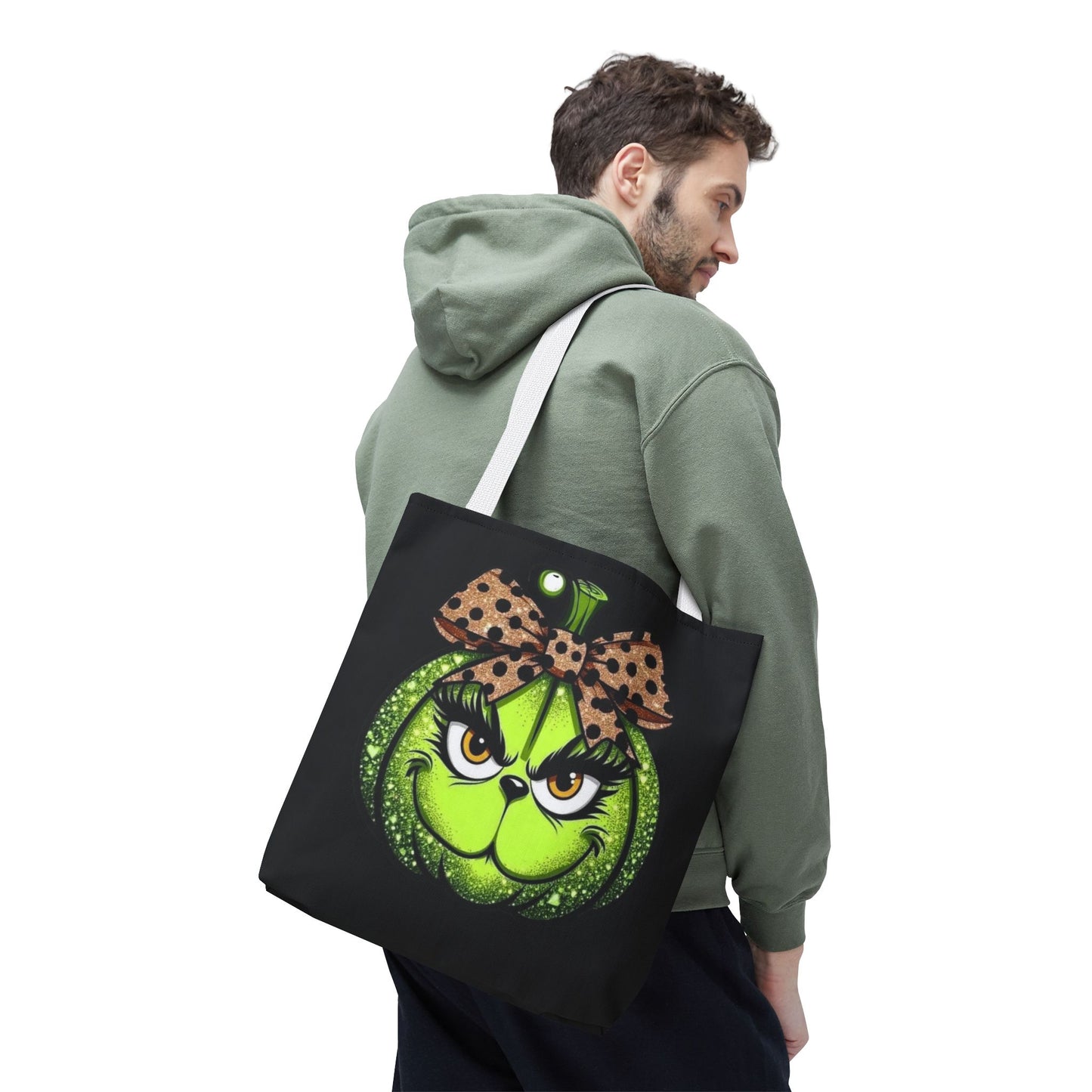 Grinch-Inspired Tote Bag with Polka Dot Bow Christmas Tote Bag Festive Holiday Design