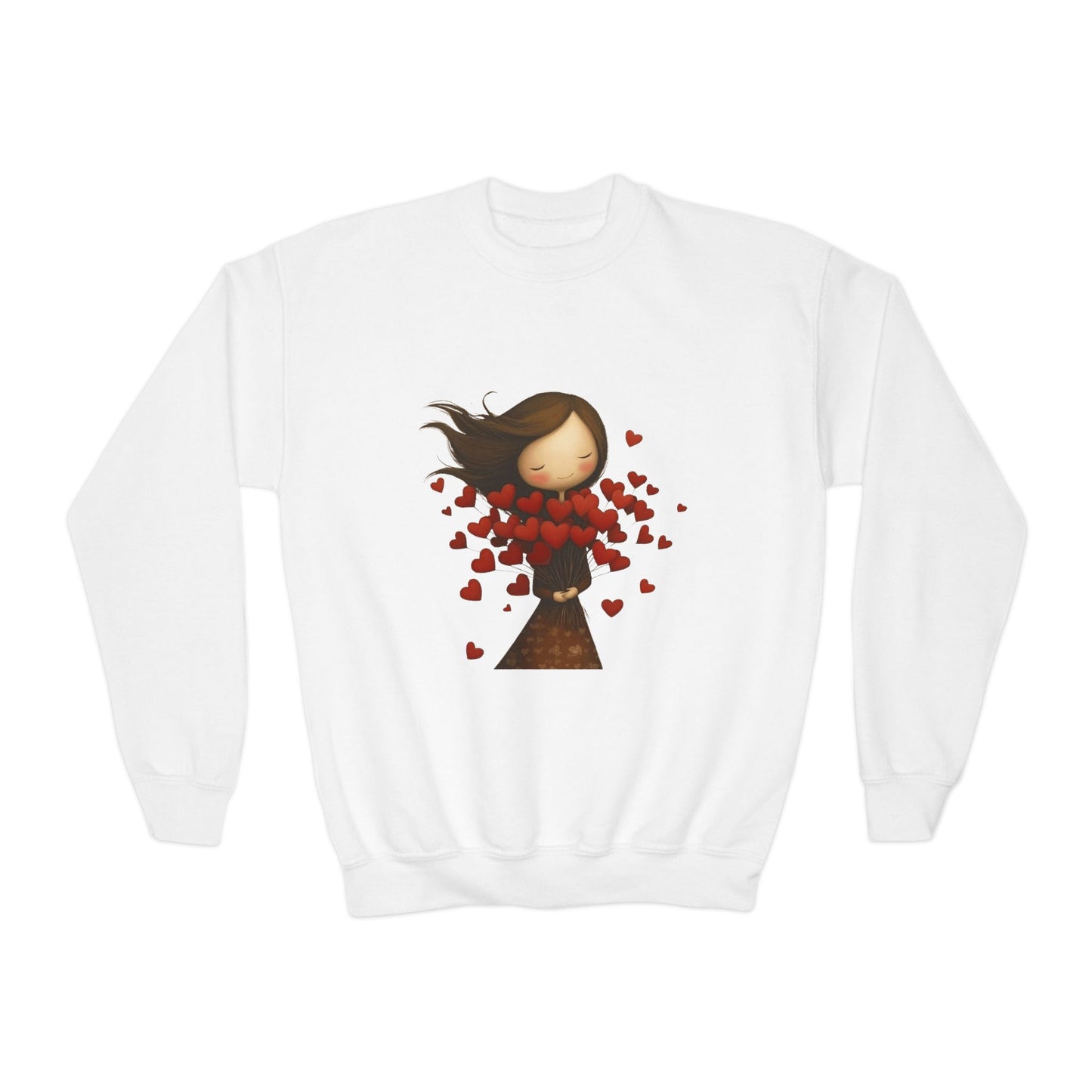 Youth Sweatshirt  Cute Girl with Heart Shower "Love Bug" Crewneck
