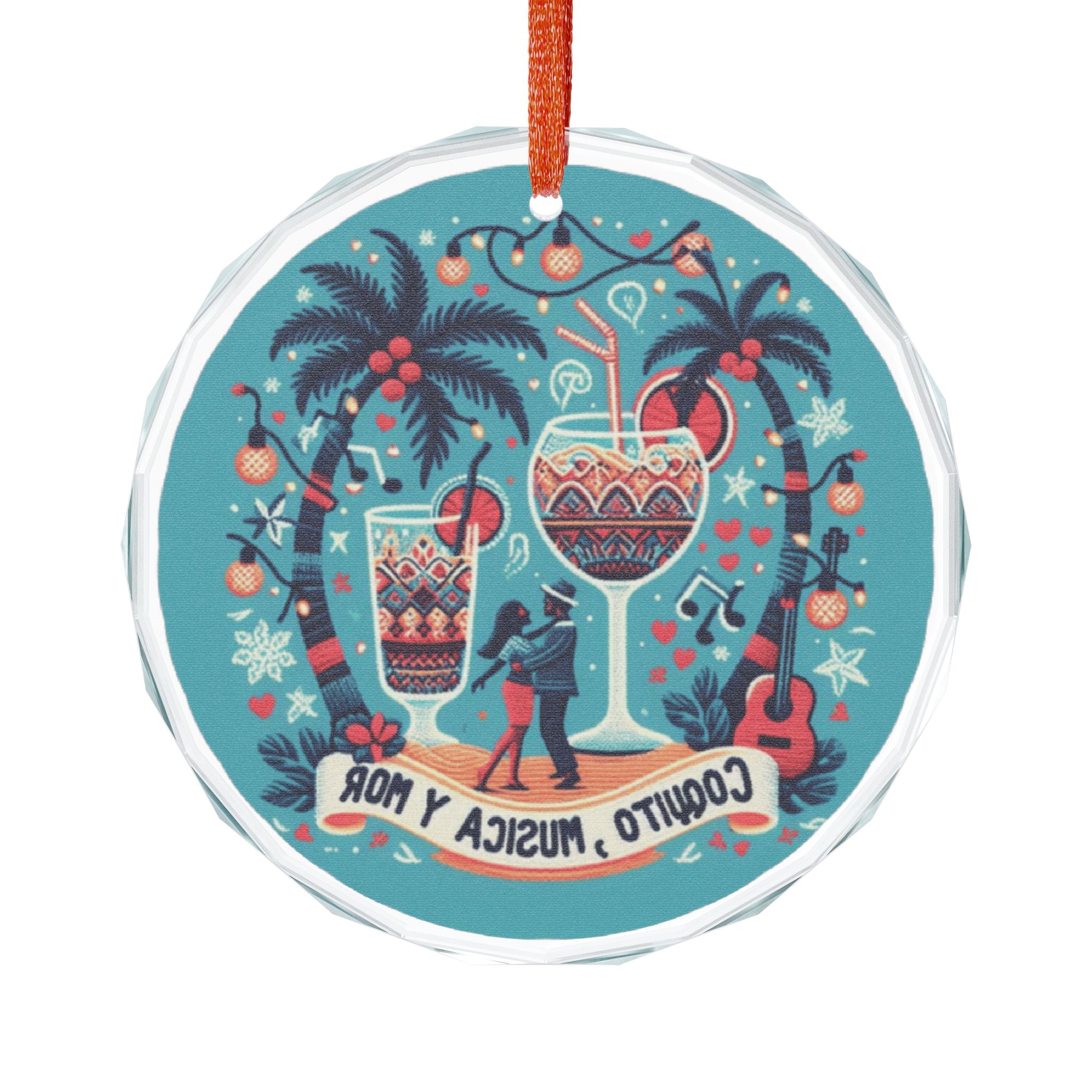 Puerto Rico Glass Ornaments Crystal Ornament "Coquito, Musica y Amor" Holiday Heart Decoration