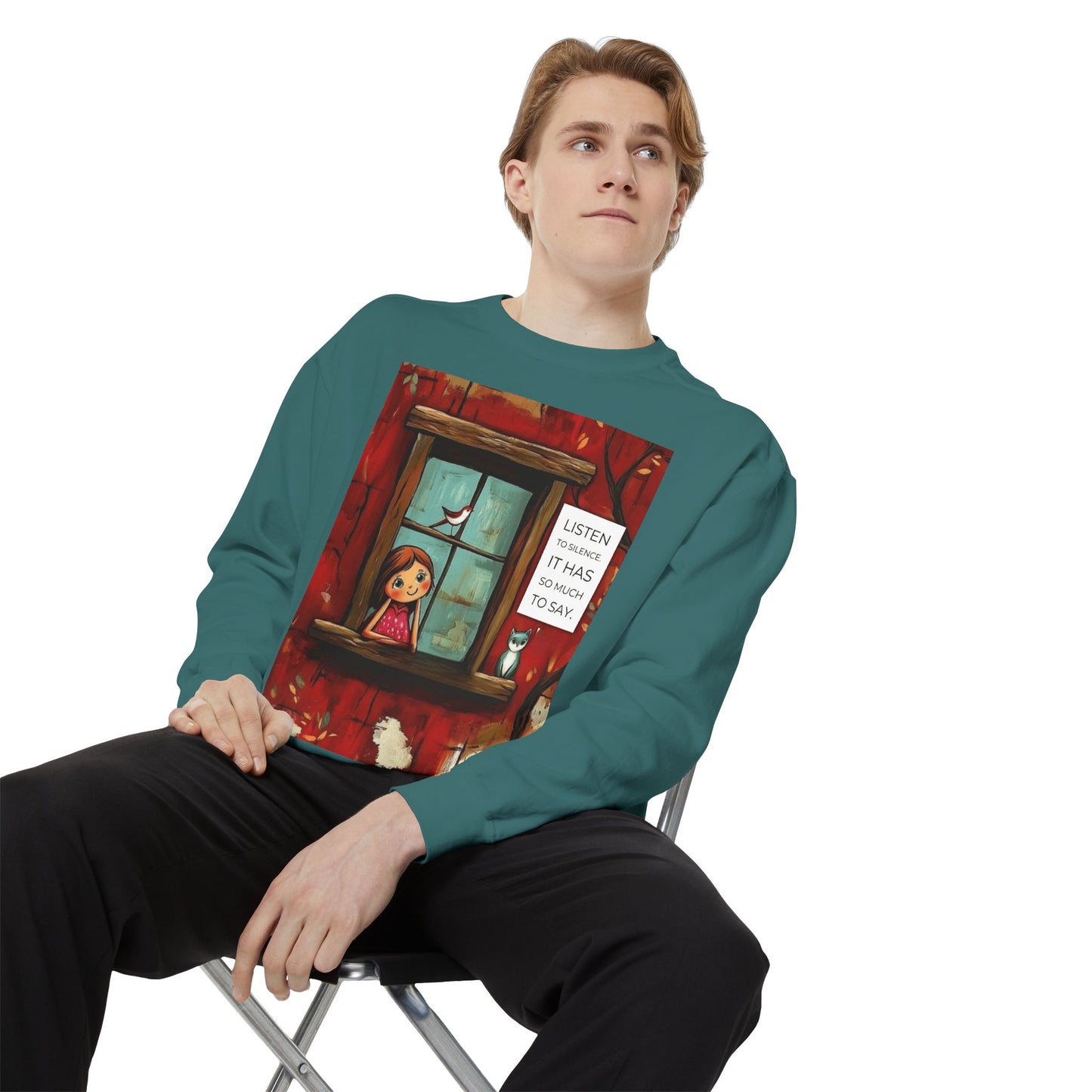 Cozy Window Scene Sweatshirt  "Listen, It Has So Much to Say" Graphic