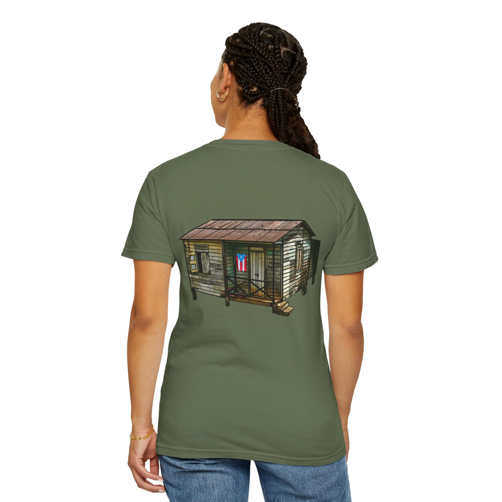 Puerto Rican Batey Cabin T-Shirt  Three Masks & Rustic House Graphic Tee Puerto Rico Navidades