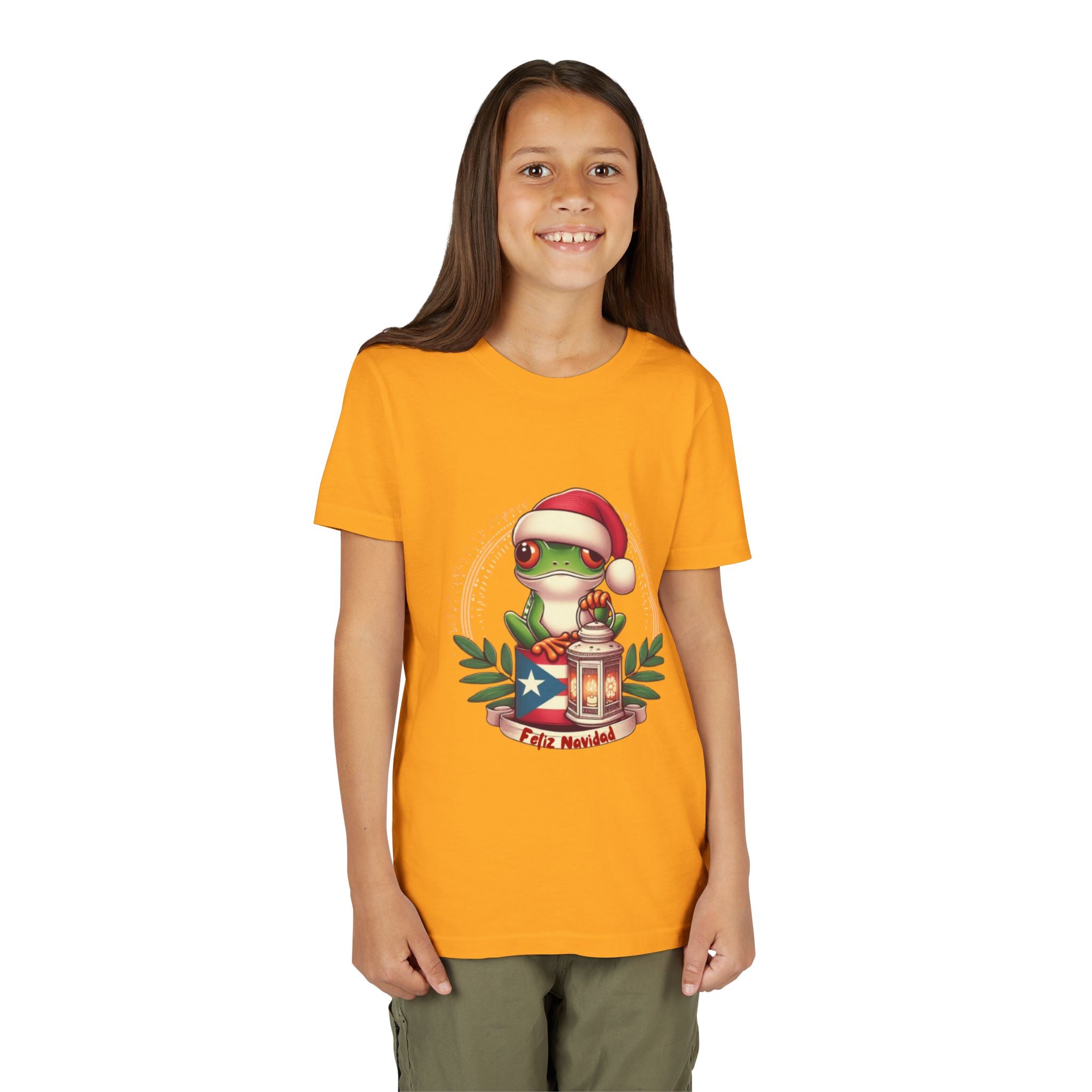 Kids Tee Cute Frog with Puerto Rican Flag & Lantern (Feliz Navidad)