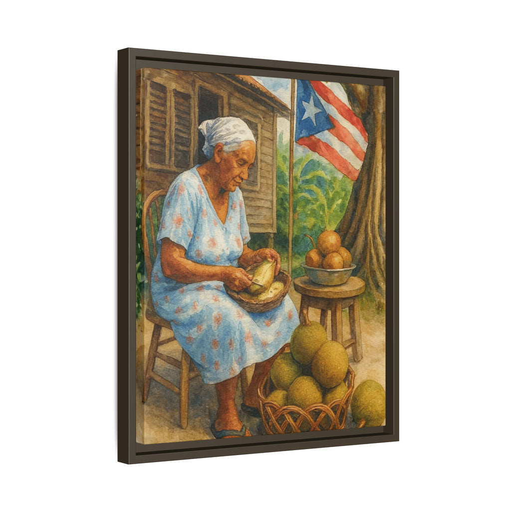 Cultural & Story-Driven These Puerto Rico inspired  Framed Matte Canvas Print  Woman Shelling Fruit Vintage Tropical Painting