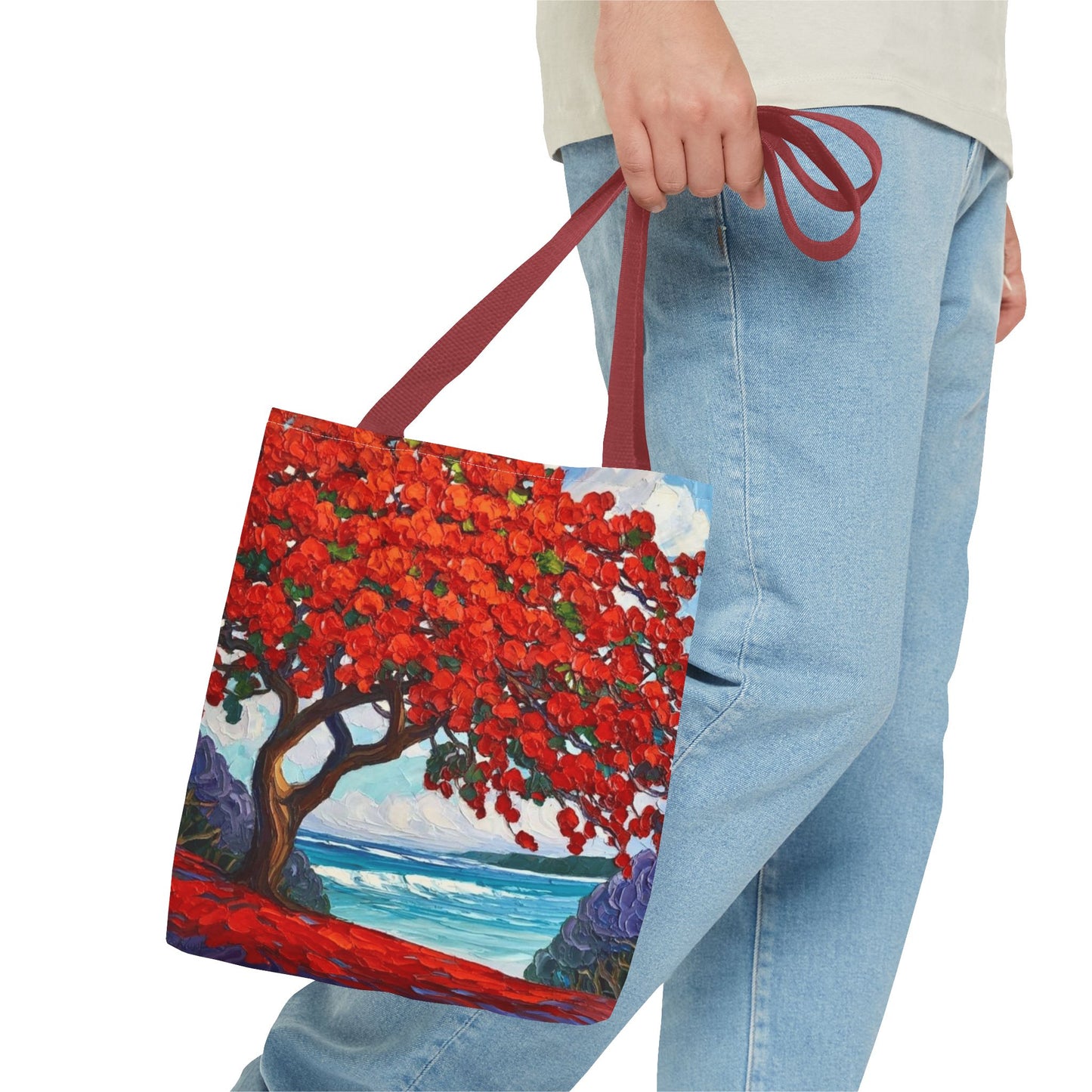Red Blossom Beach Tote - Tropical Tree Art All-Over Print Tote Bag Crochet-Decorated Tote Bags