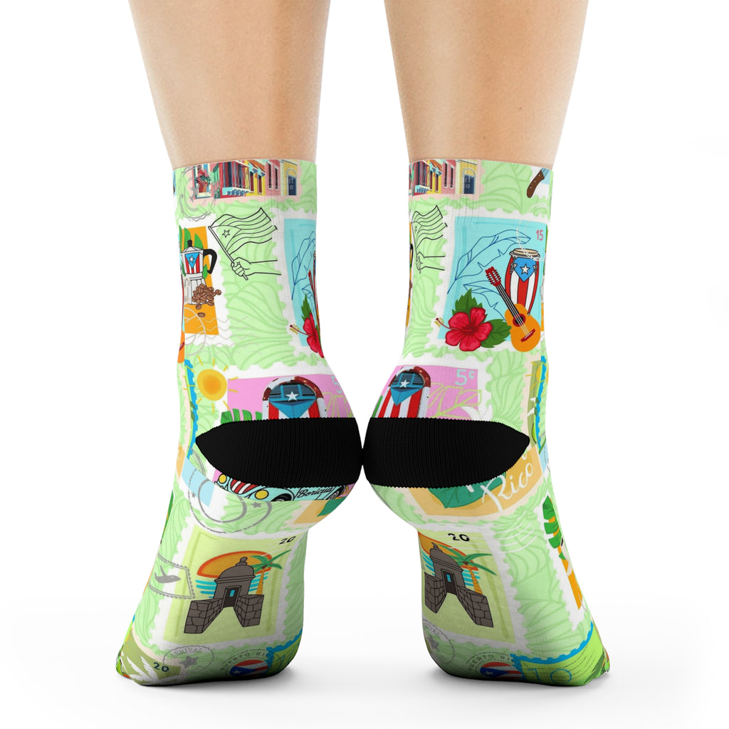 Navidad en Puerto Rico Tropical Postcard Crew Socks  Vintage Beach Stamps Pattern
