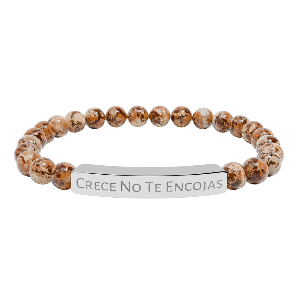 Engraved Natural Stone Stretch Bracelet — "Crece No Te Rindas" Affirmation Bar