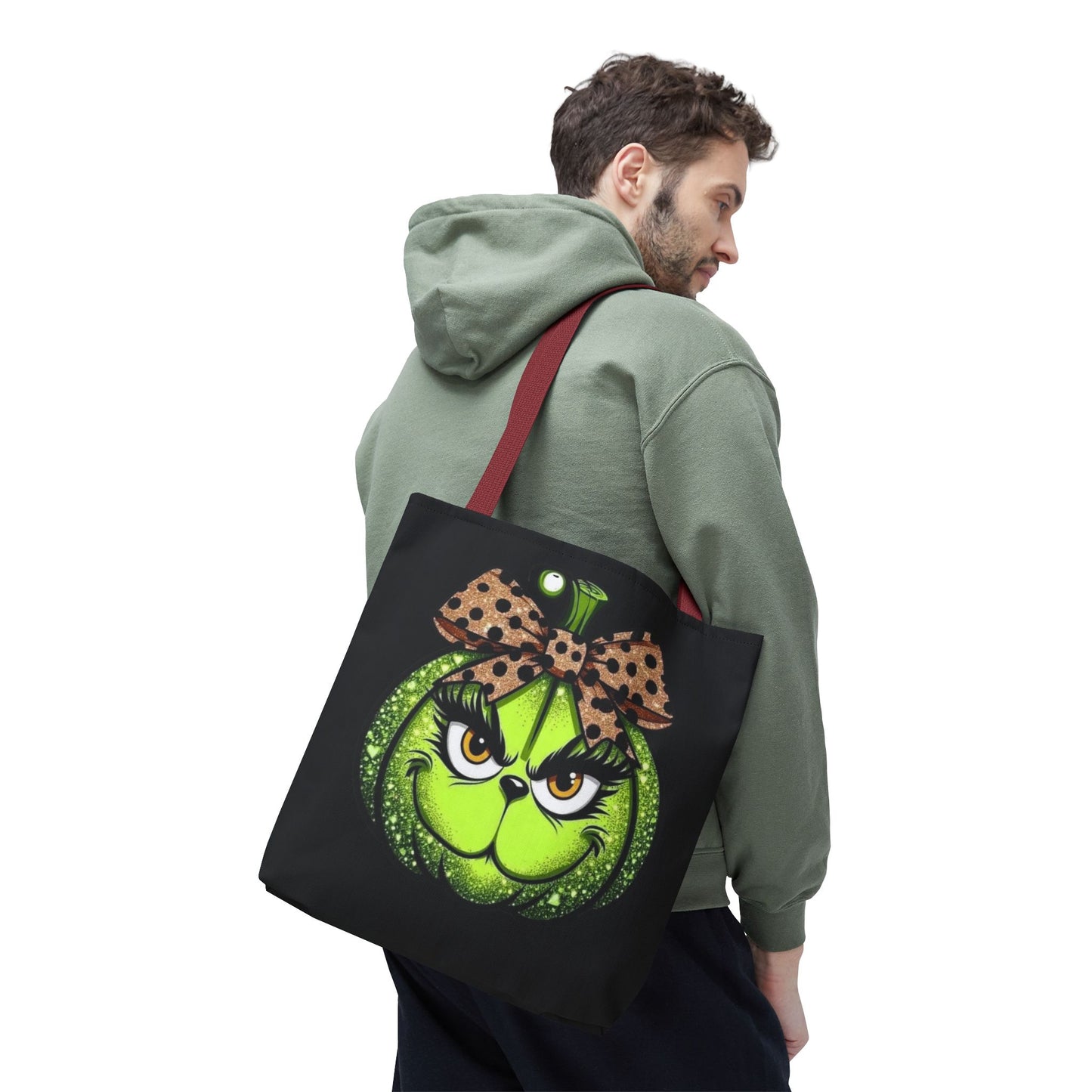 Grinch-Inspired Tote Bag with Polka Dot Bow Christmas Tote Bag Festive Holiday Design