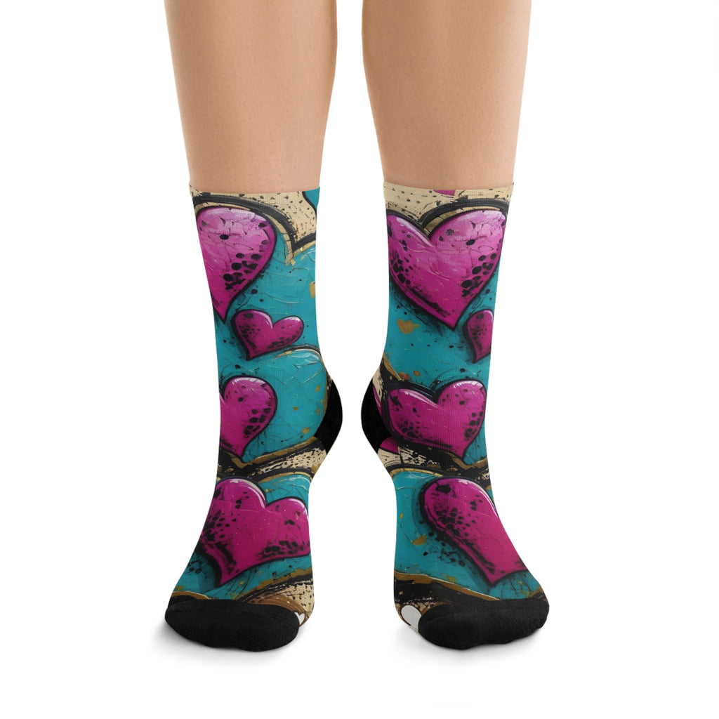 Recycled Poly Socks - Graffiti Heart Print Crew Socks