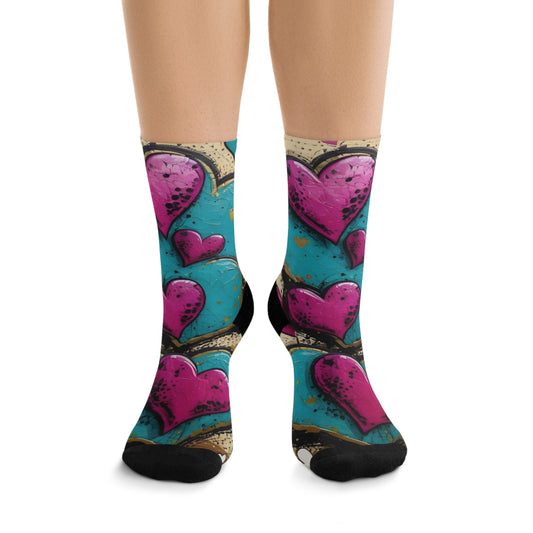 Recycled Poly Socks - Graffiti Heart Print Crew Socks