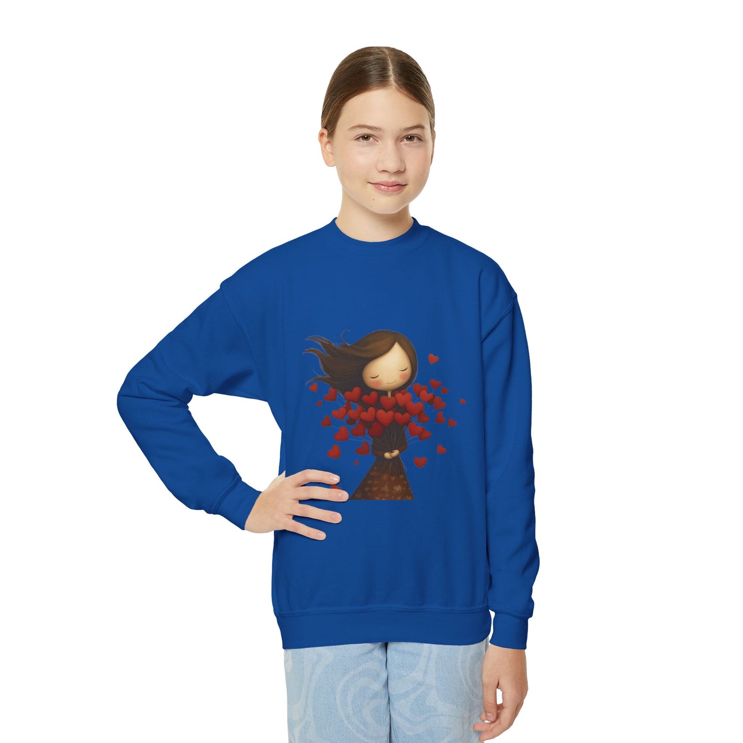 Youth Sweatshirt  Cute Girl with Heart Shower "Love Bug" Crewneck