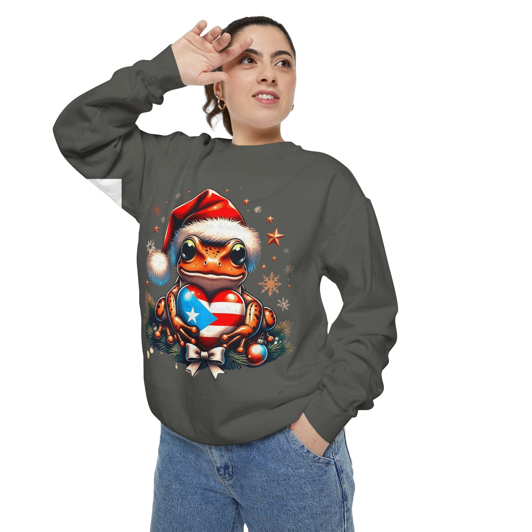 Christmas Coqui Sweatshirt — Cute Santa Frog Holding Ornament Holiday Sweater
