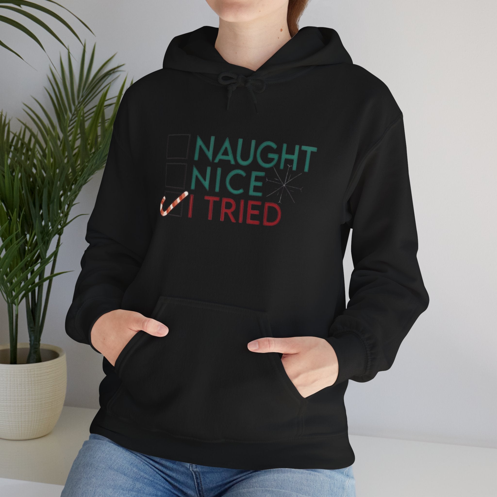 Holiday Hoodie — "Naughty, Nice, I Tried" Funny Christmas Sweatshirt