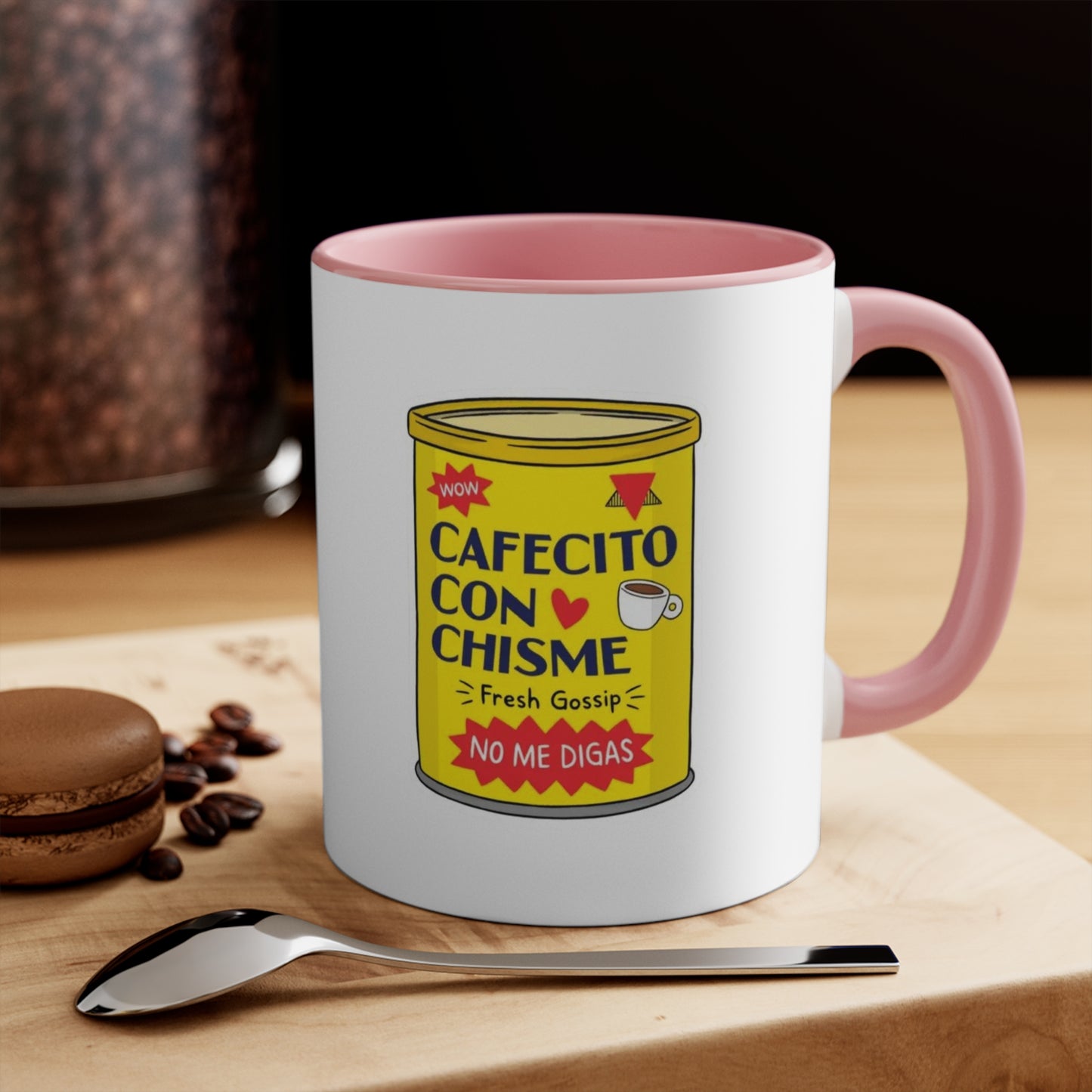 Cafecito Con Chisme Accent Mug, Coffee Lover Gift, Fun Gossip Mug, Red Handle Mug, Unique Kitchen Decor