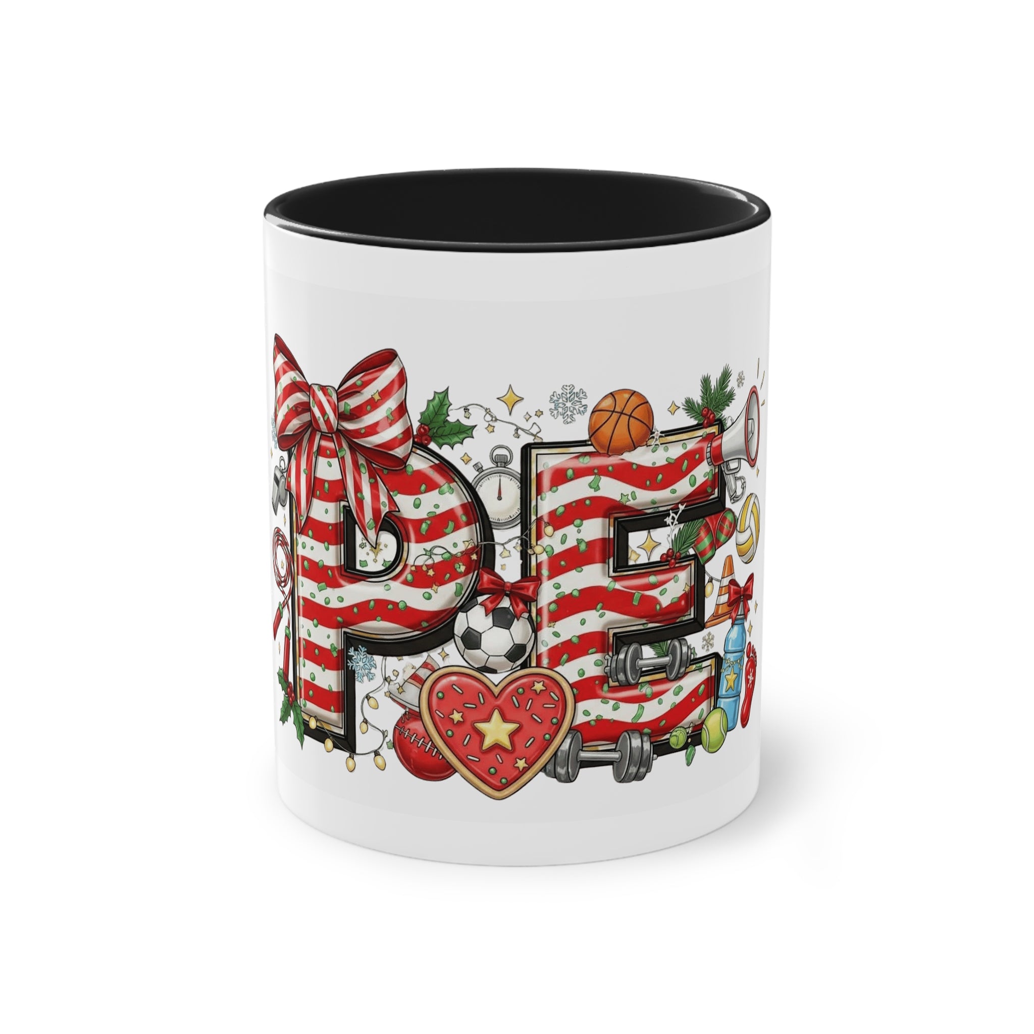 Holiday Sports Mom Coffee Mug Festive 'PE' Candy-Stripe Design, 11oz Two-Tone School Staff Christmas Mug Collection,