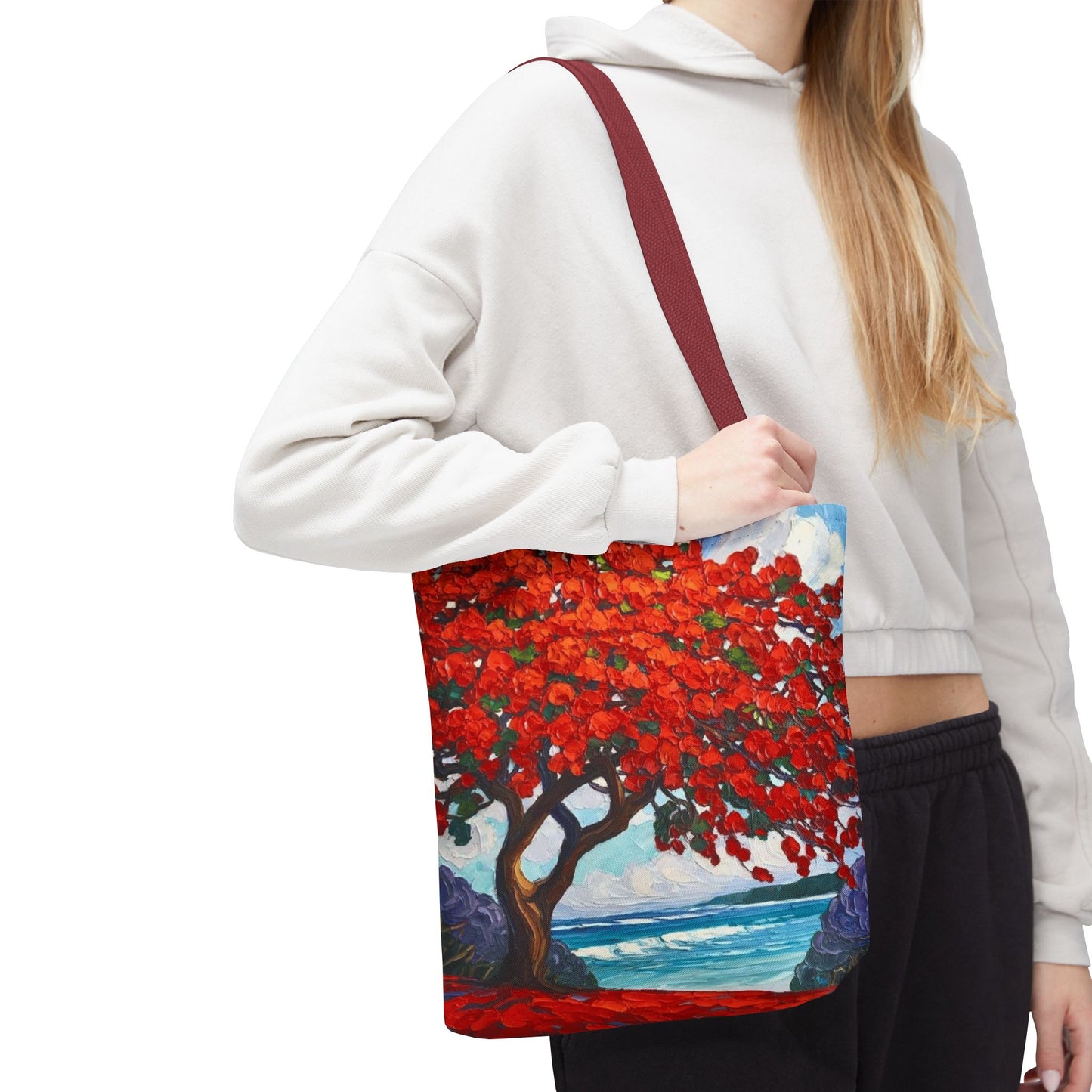 Red Blossom Beach Tote - Tropical Tree Art All-Over Print Tote Bag Crochet-Decorated Tote Bags