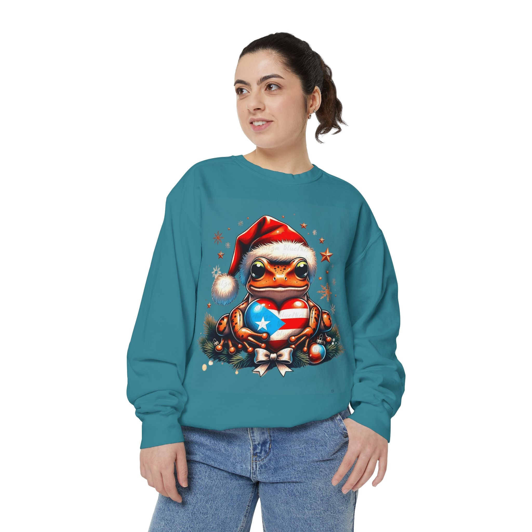 Christmas Coqui Sweatshirt — Cute Santa Frog Holding Ornament Holiday Sweater