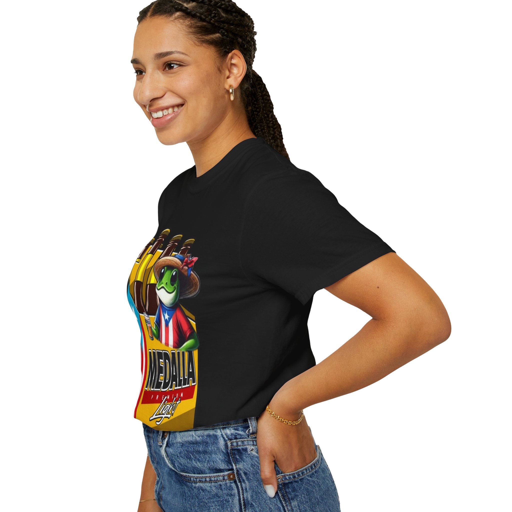 Medalla Light Puerto Rican Beer T-Shirt Coqui Frog Mascot Six-Pack Graphic Tee Puerto Rico’s Navidades