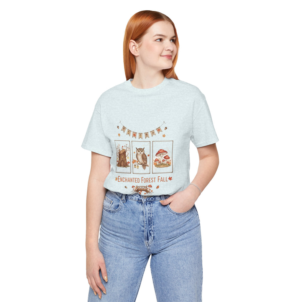Enchanted Forest Fall Tee, Cute Owl Shirt, Autumn Graphic Tee, Nature Lover Gift, Cozy Fall Apparel, Wildlife T-Shirt, Unisex Fall Top
