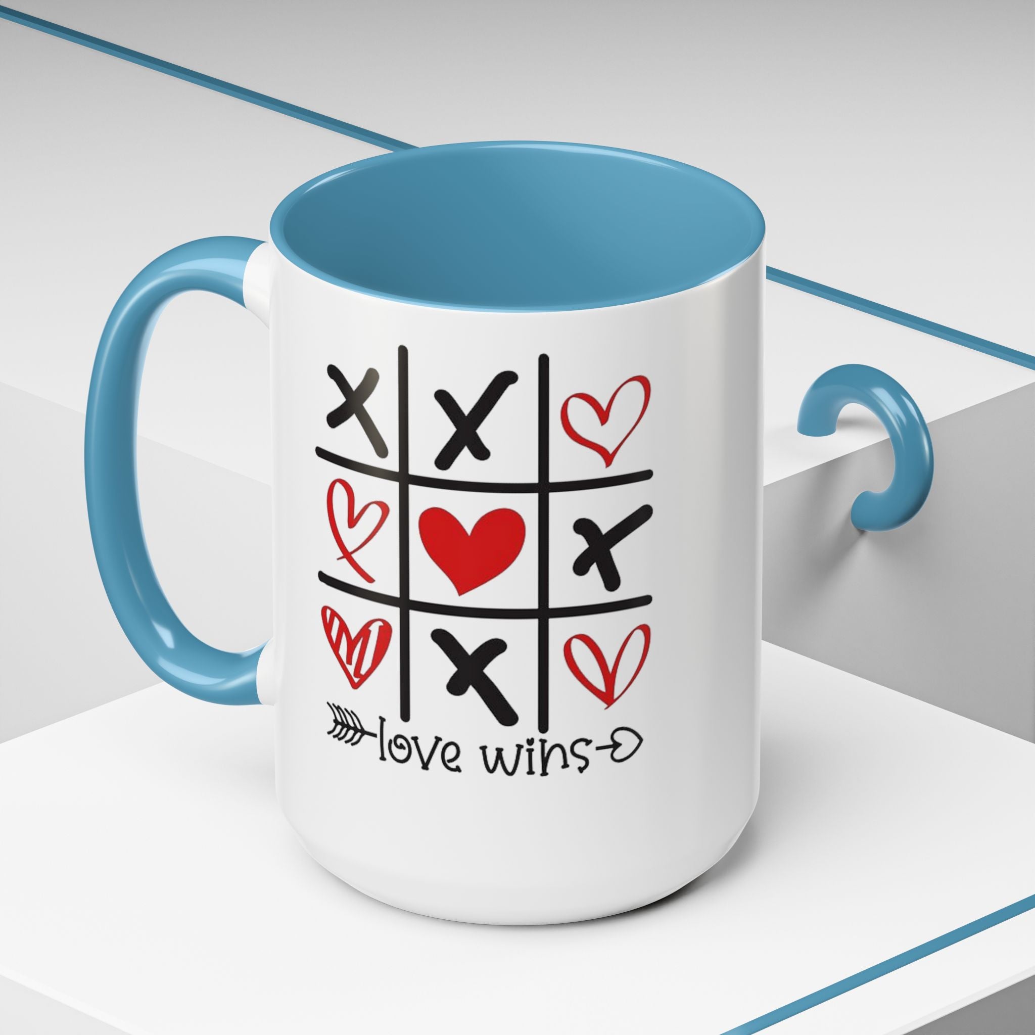 Love Wins Tic-Tac-Toe Heart Accent Coffee Mug — Romantic Valentine 11/15oz