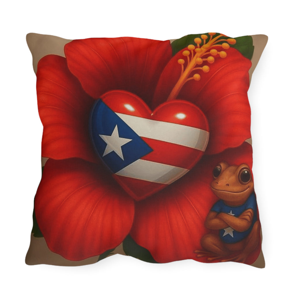 Puerto Rico Heart Flag Outdoor Pillow — Coquí & Hibiscus Patio Cushion Puerto Rico Culture Pillow