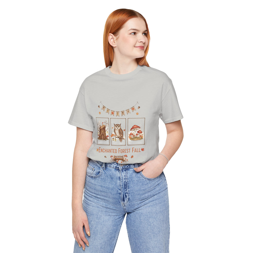Enchanted Forest Fall Tee, Cute Owl Shirt, Autumn Graphic Tee, Nature Lover Gift, Cozy Fall Apparel, Wildlife T-Shirt, Unisex Fall Top
