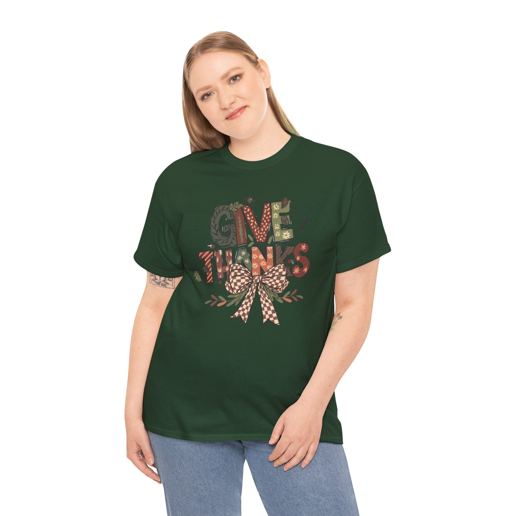 Give Thanks Tee Thanksgiving Graphic T-Shirt with Rustic Bow Design